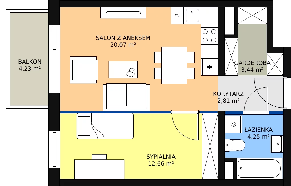 Zalety apartamentu 43.94 m², B1.3.2