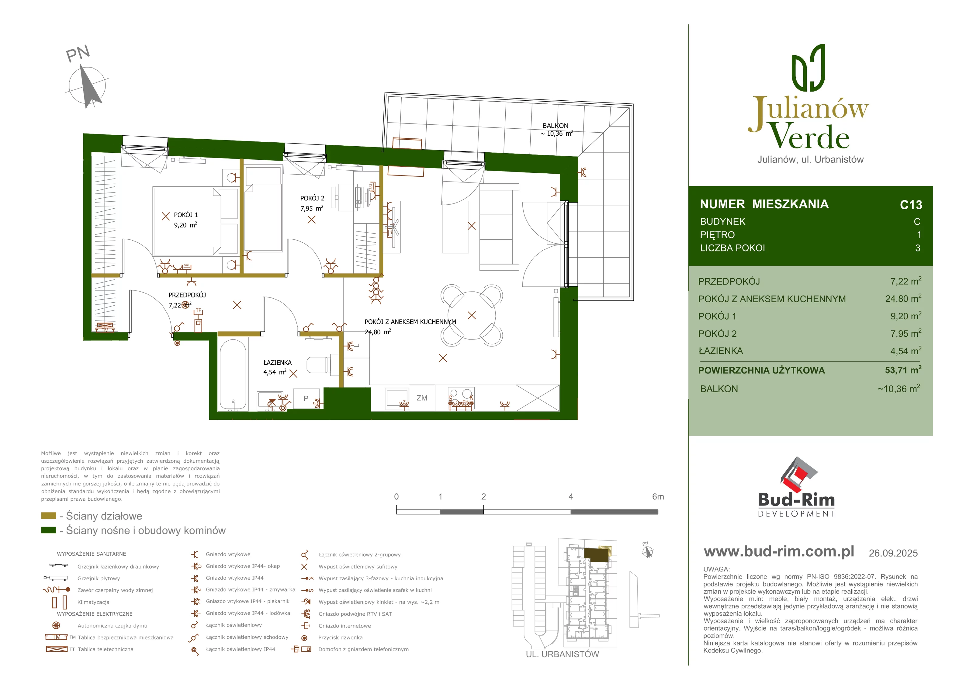 3 pokoje, mieszkanie 53,71 m², piętro 1, oferta nr 13, Julianów Verde, Julianów, ul. Urbanistów