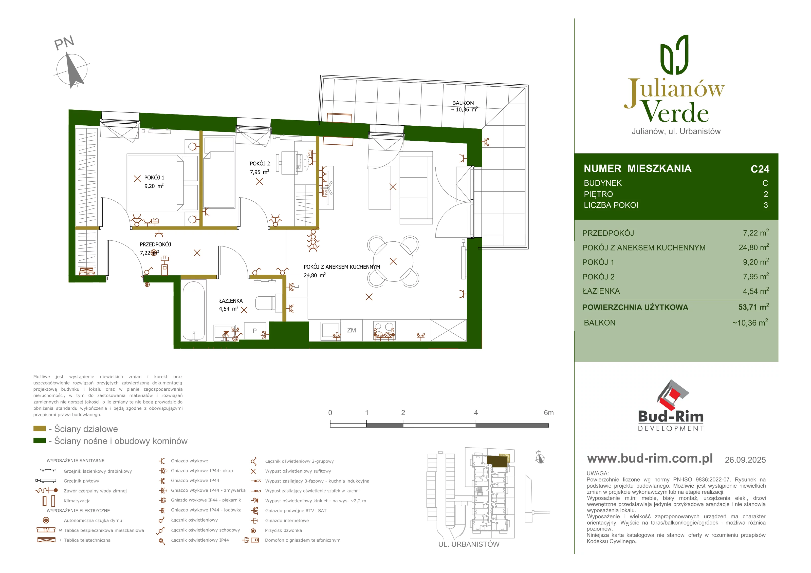 3 pokoje, mieszkanie 53,71 m², piętro 2, oferta nr 24, Julianów Verde, Julianów, ul. Urbanistów