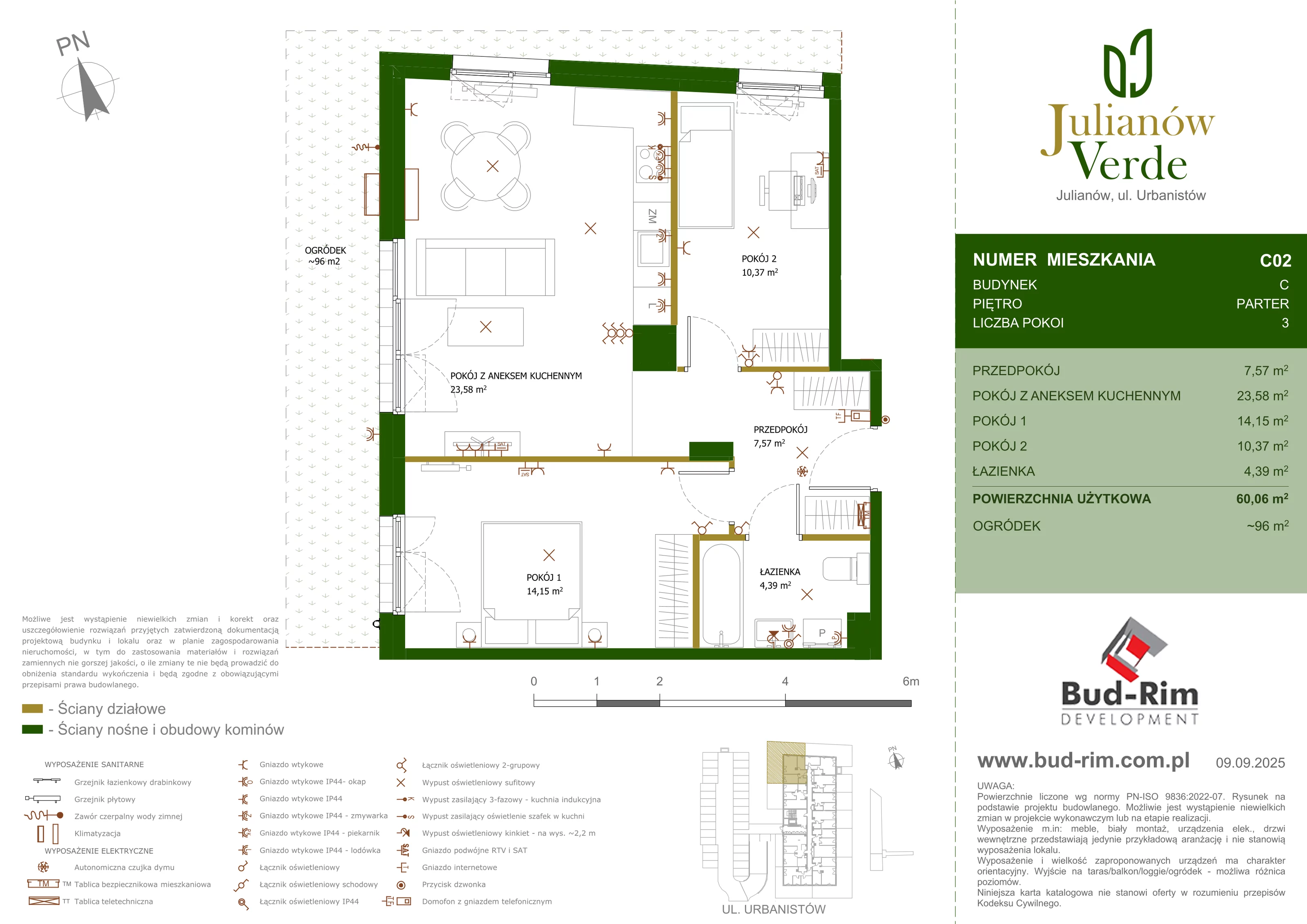 3 pokoje, mieszkanie 60,06 m², parter, oferta nr 2, Julianów Verde, Julianów, ul. Urbanistów