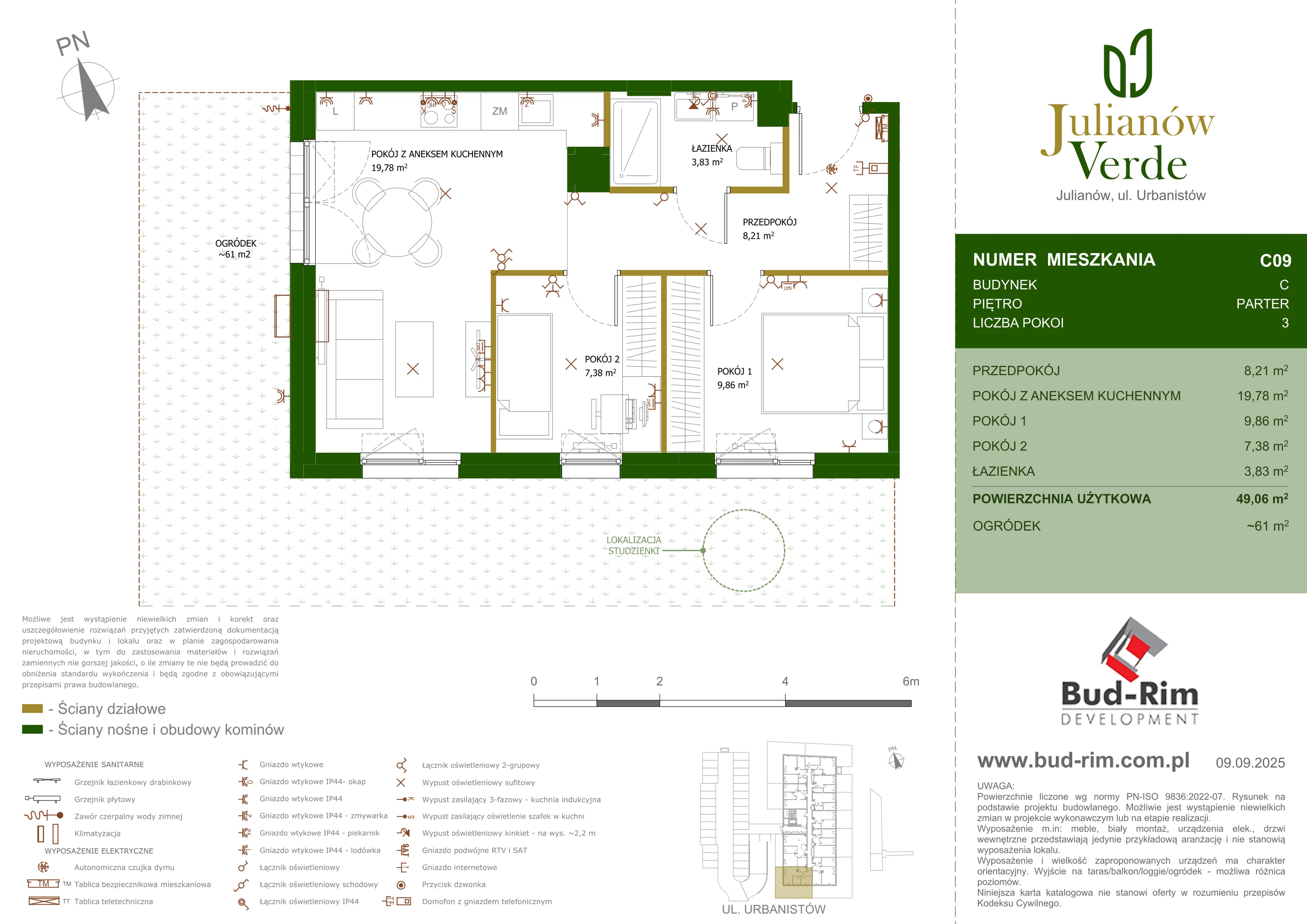 3 pokoje, mieszkanie 49,06 m², parter, oferta nr 9, Julianów Verde, Julianów, ul. Urbanistów
