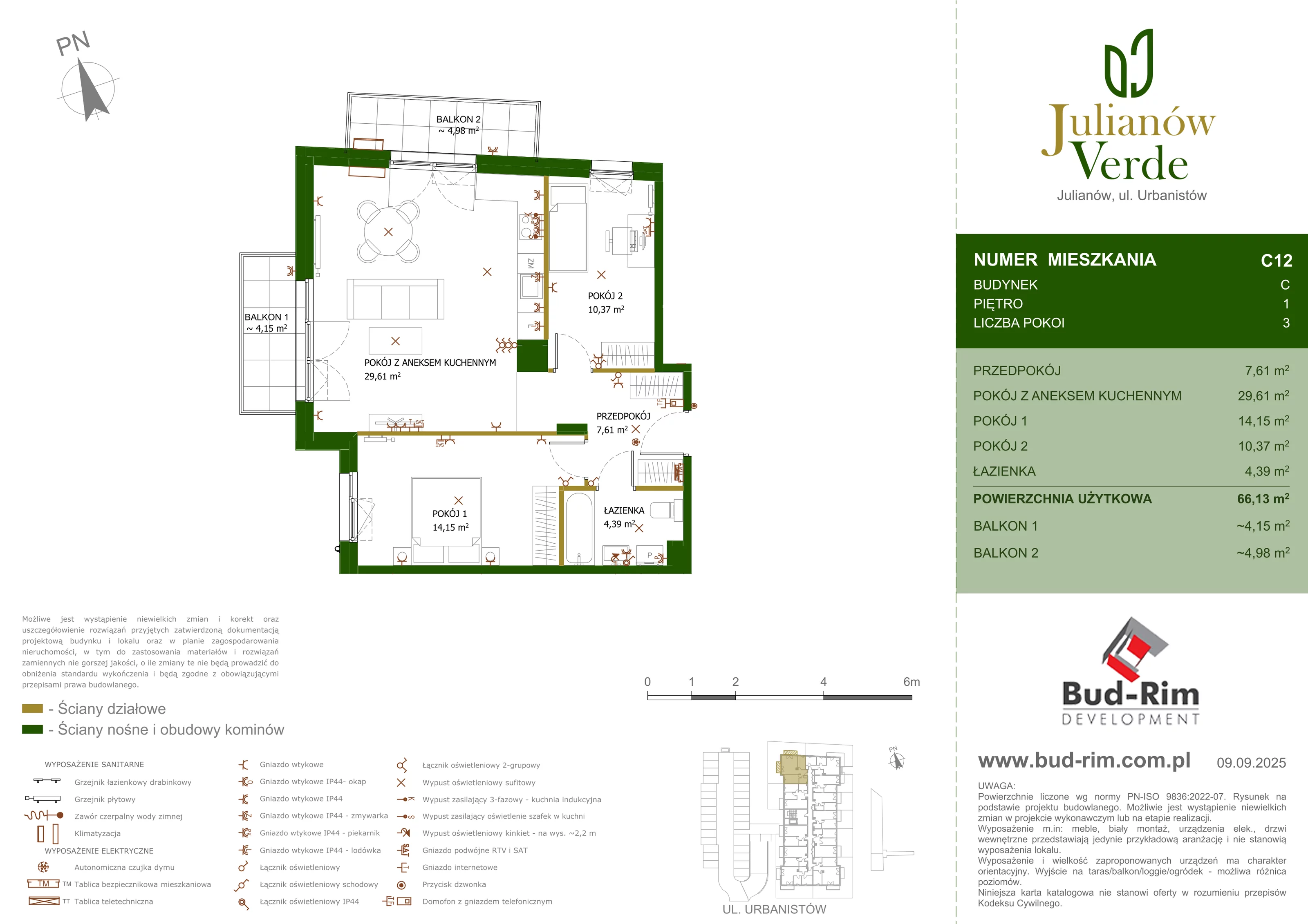 3 pokoje, mieszkanie 66,13 m², piętro 1, oferta nr 12, Julianów Verde, Julianów, ul. Urbanistów