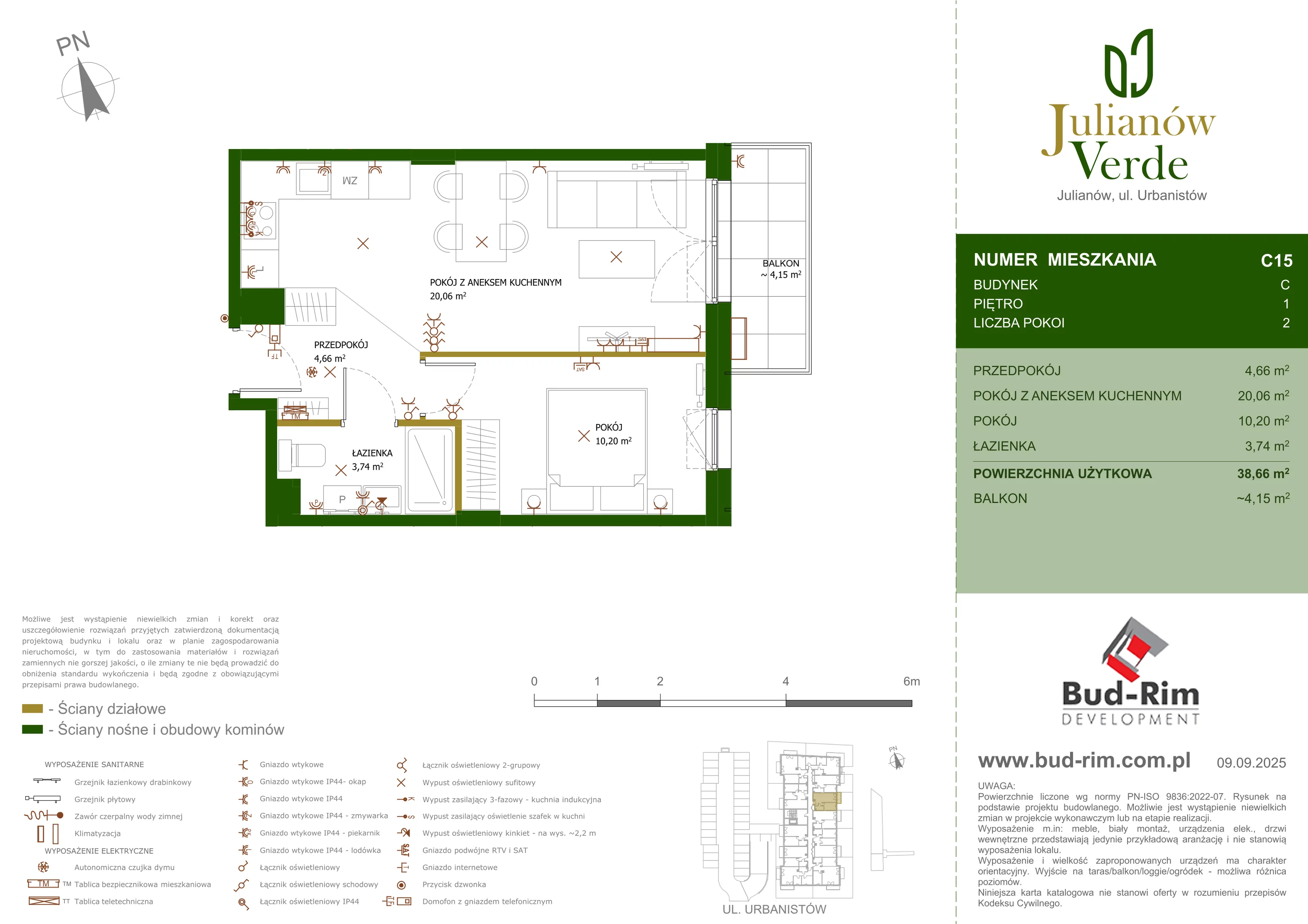 2 pokoje, mieszkanie 38,66 m², piętro 1, oferta nr 15, Julianów Verde, Julianów, ul. Urbanistów