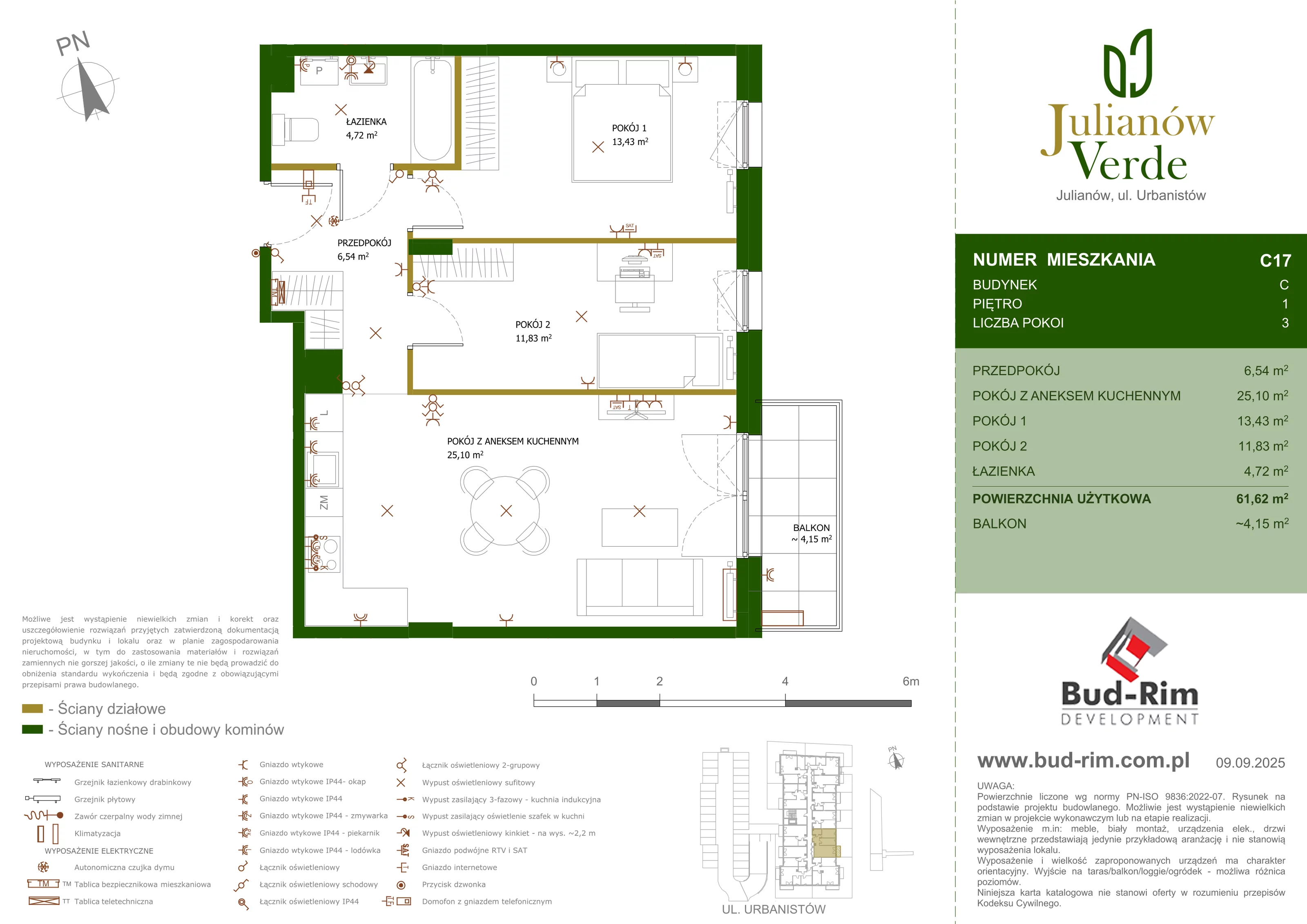 3 pokoje, mieszkanie 61,62 m², piętro 1, oferta nr 17, Julianów Verde, Julianów, ul. Urbanistów