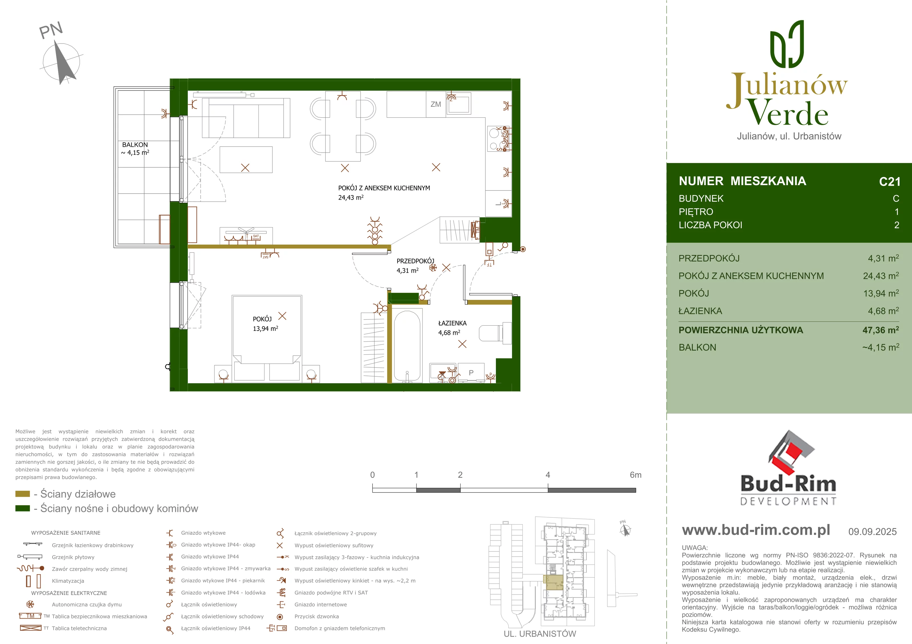 2 pokoje, mieszkanie 47,36 m², piętro 1, oferta nr 21, Julianów Verde, Julianów, ul. Urbanistów
