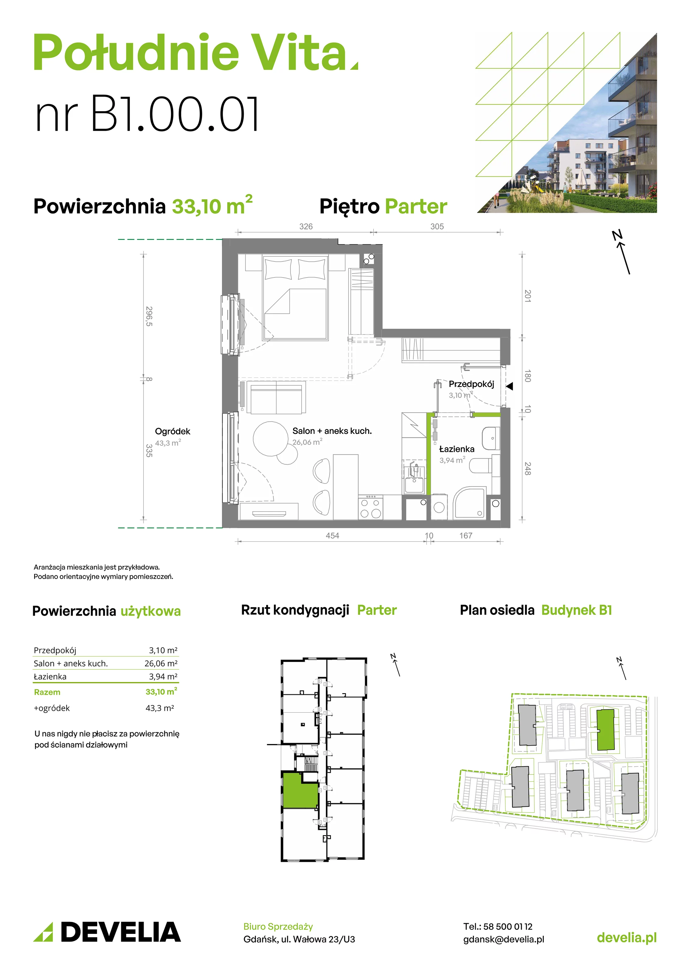 Mieszkanie 33,10 m², parter, oferta nr B1.00.01, Południe Vita etap III, Gdańsk, Orunia Górna-Gdańsk Południe, ul. Kazimierza Wielkiego 