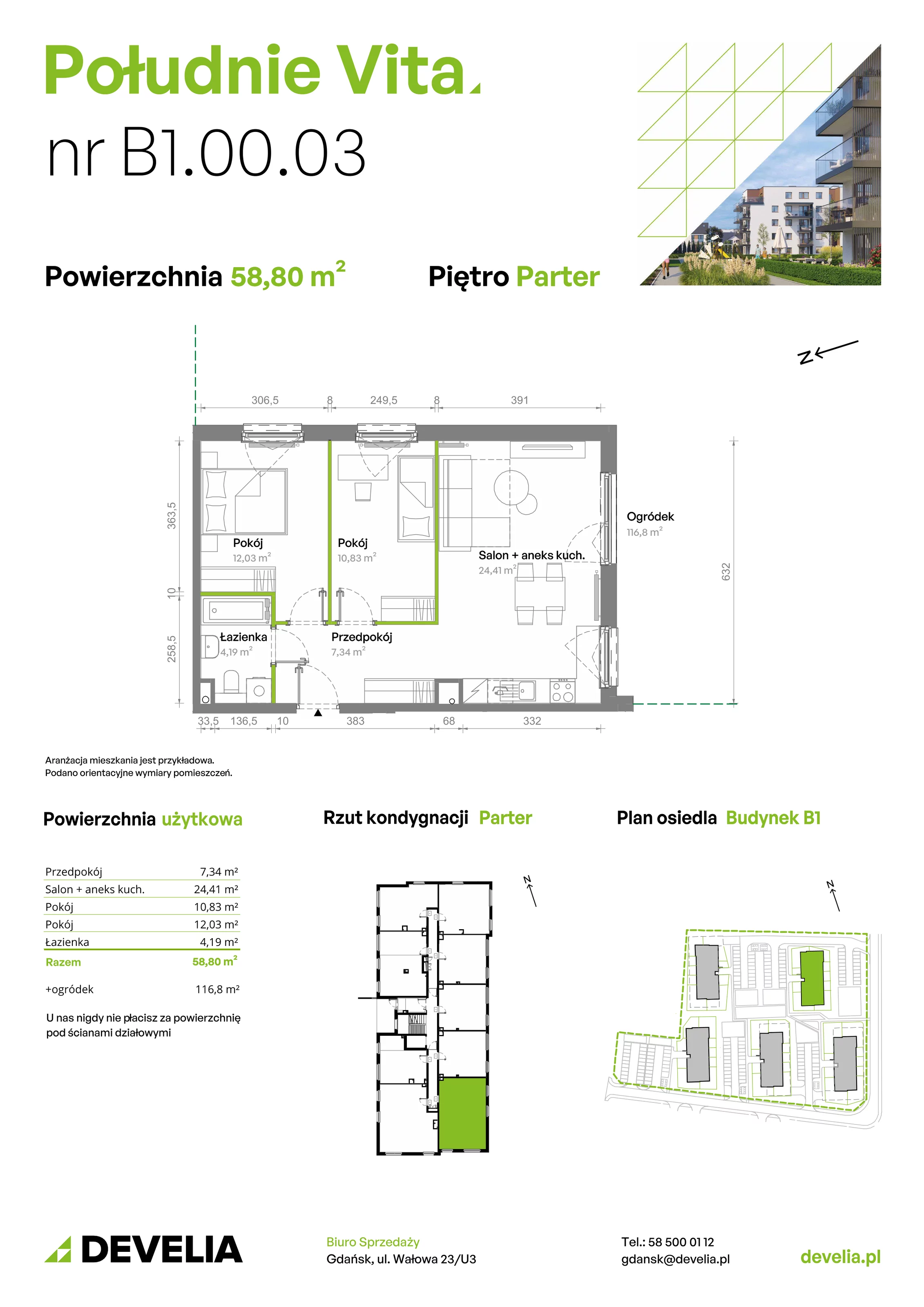 3 pokoje, mieszkanie 58,80 m², parter, oferta nr B1.00.03, Południe Vita etap III, Gdańsk, Orunia Górna-Gdańsk Południe, ul. Kazimierza Wielkiego 