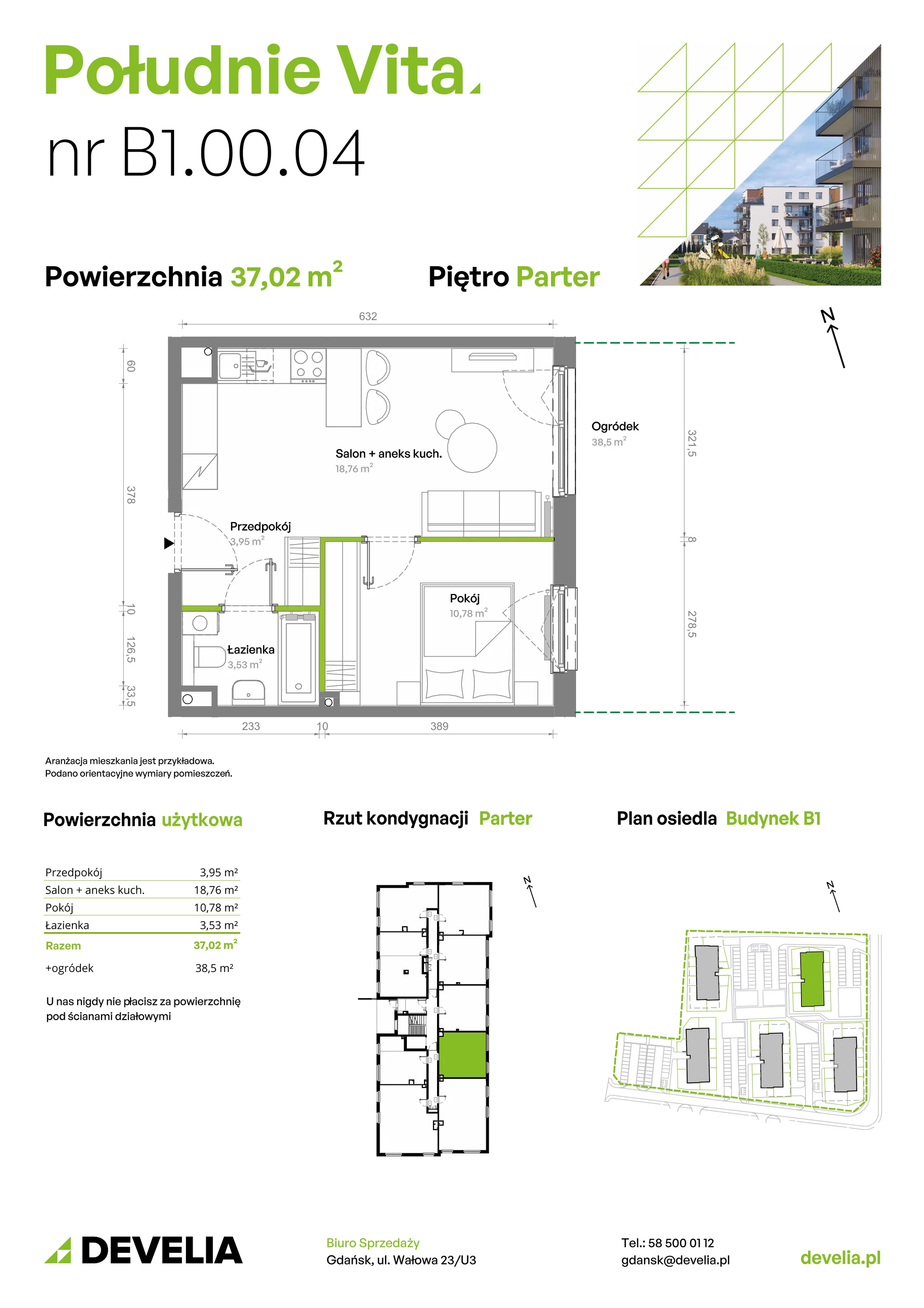 2 pokoje, mieszkanie 37,02 m², parter, oferta nr B1.00.04, Południe Vita etap III, Gdańsk, Orunia Górna-Gdańsk Południe, ul. Kazimierza Wielkiego 