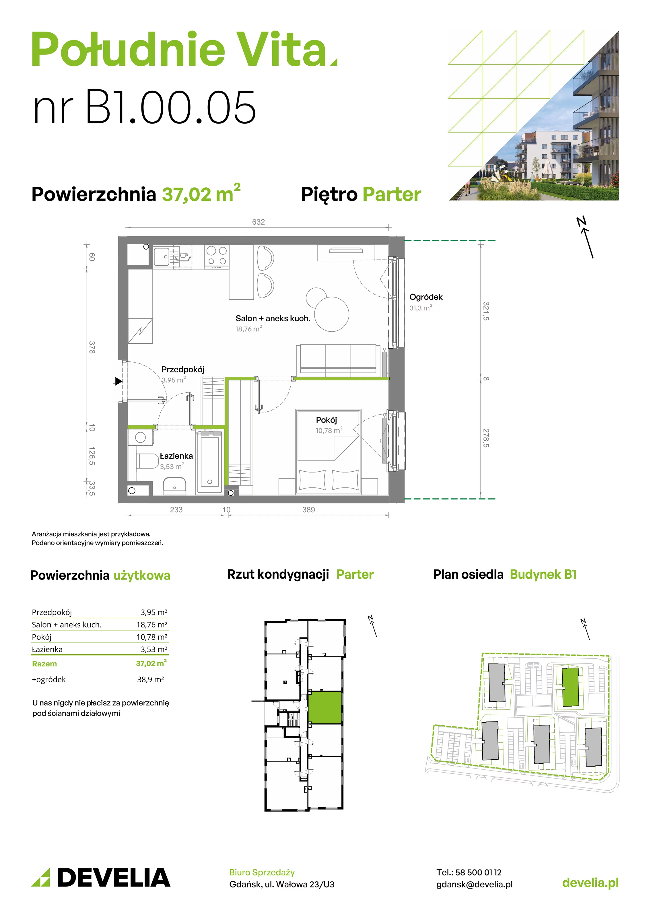 2 pokoje, mieszkanie 37,02 m², parter, oferta nr B1.00.05, Południe Vita etap III, Gdańsk, Orunia Górna-Gdańsk Południe, ul. Kazimierza Wielkiego 