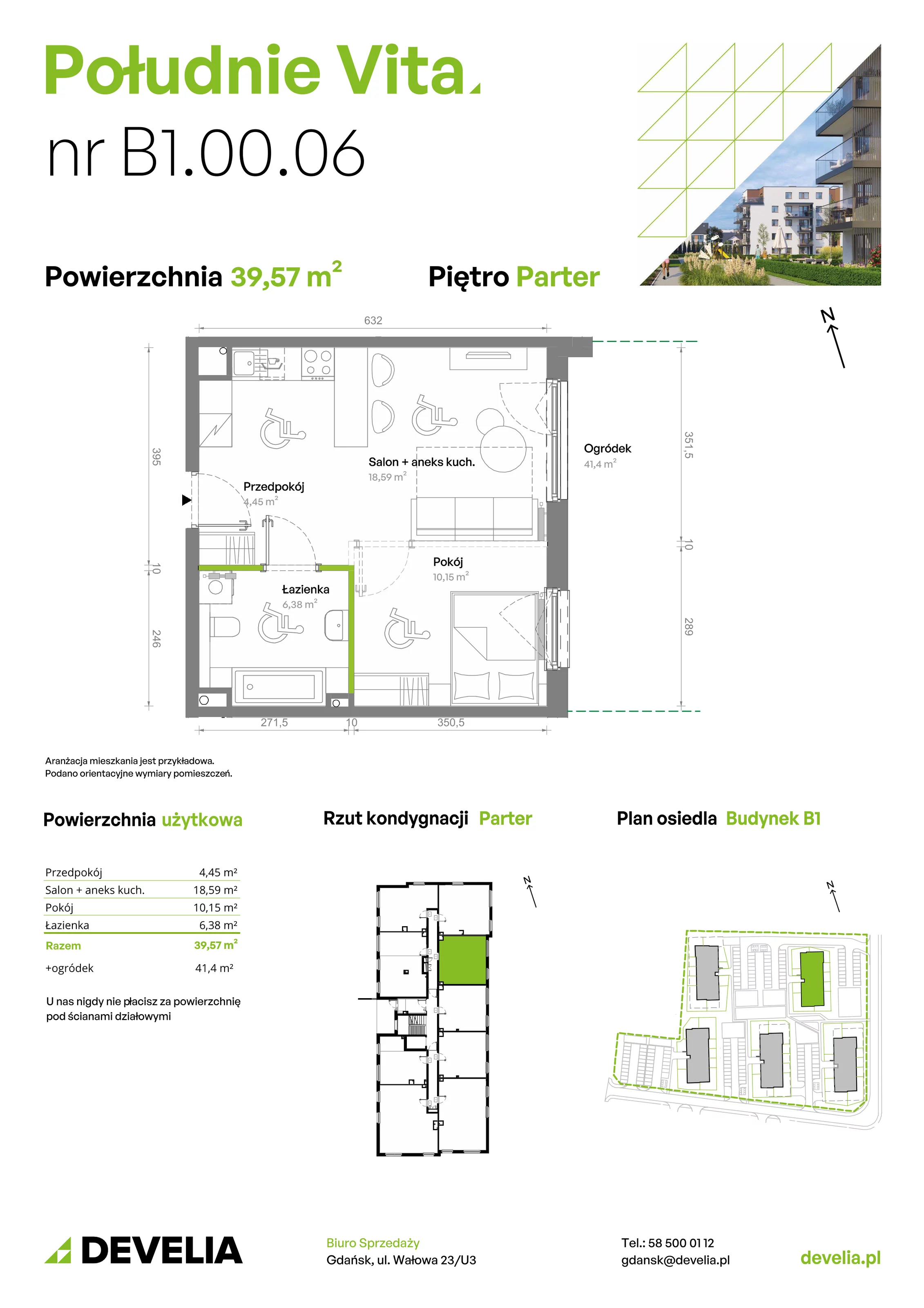 2 pokoje, mieszkanie 39,57 m², parter, oferta nr B1.00.06, Południe Vita etap III, Gdańsk, Orunia Górna-Gdańsk Południe, ul. Kazimierza Wielkiego 