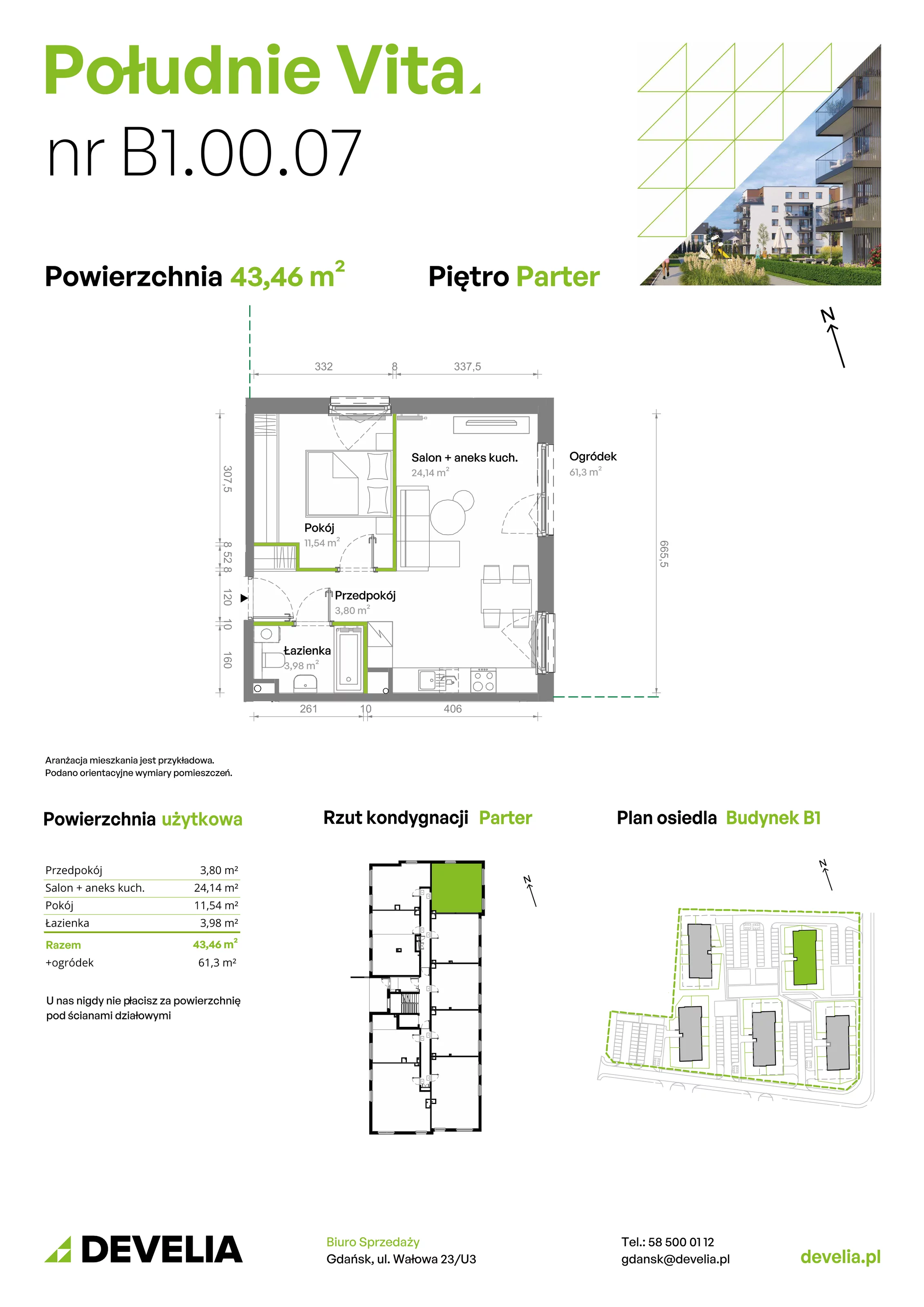 2 pokoje, mieszkanie 43,46 m², parter, oferta nr B1.00.07, Południe Vita etap III, Gdańsk, Orunia Górna-Gdańsk Południe, ul. Kazimierza Wielkiego 