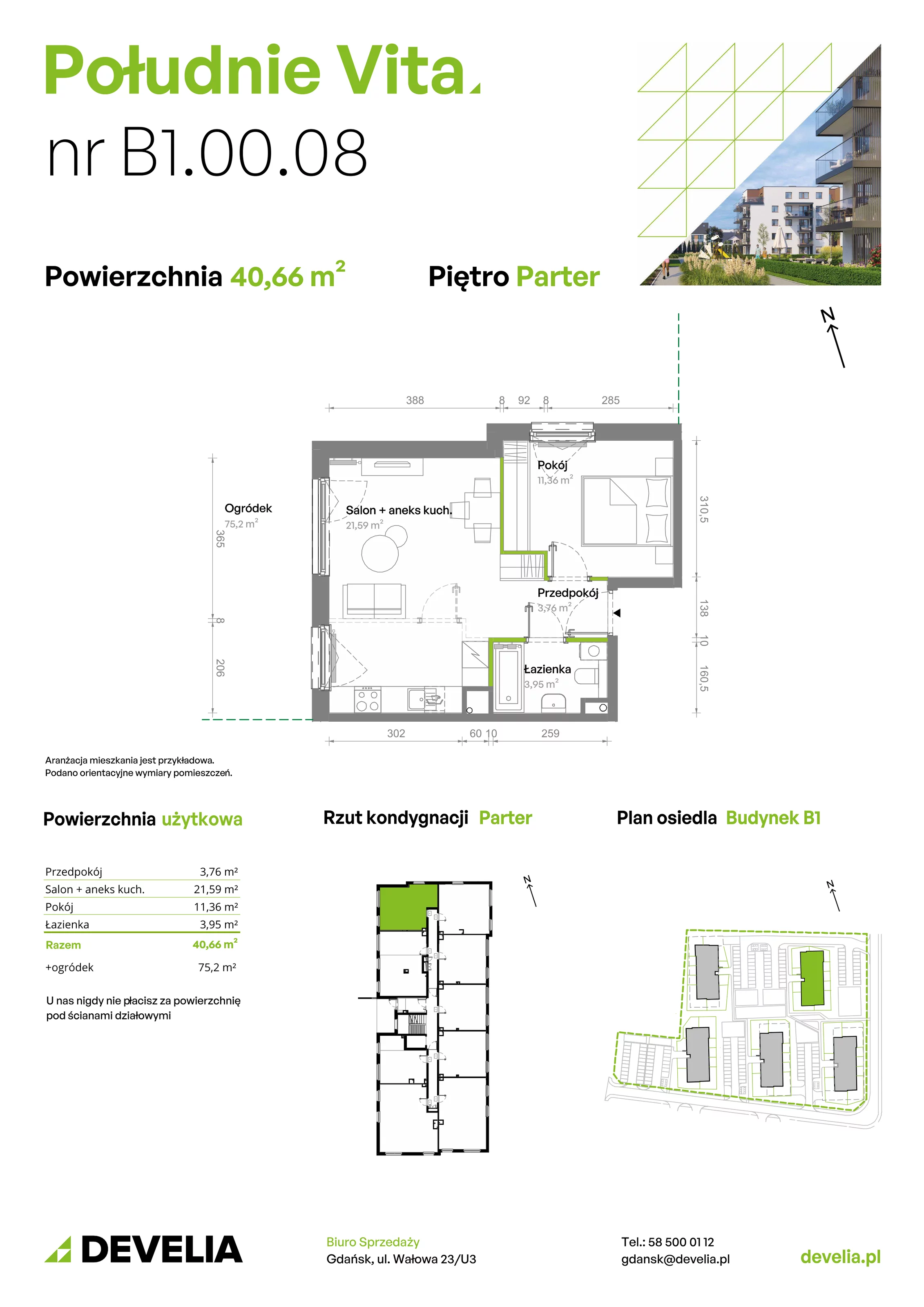 2 pokoje, mieszkanie 40,66 m², parter, oferta nr B1.00.08, Południe Vita etap III, Gdańsk, Orunia Górna-Gdańsk Południe, ul. Kazimierza Wielkiego 