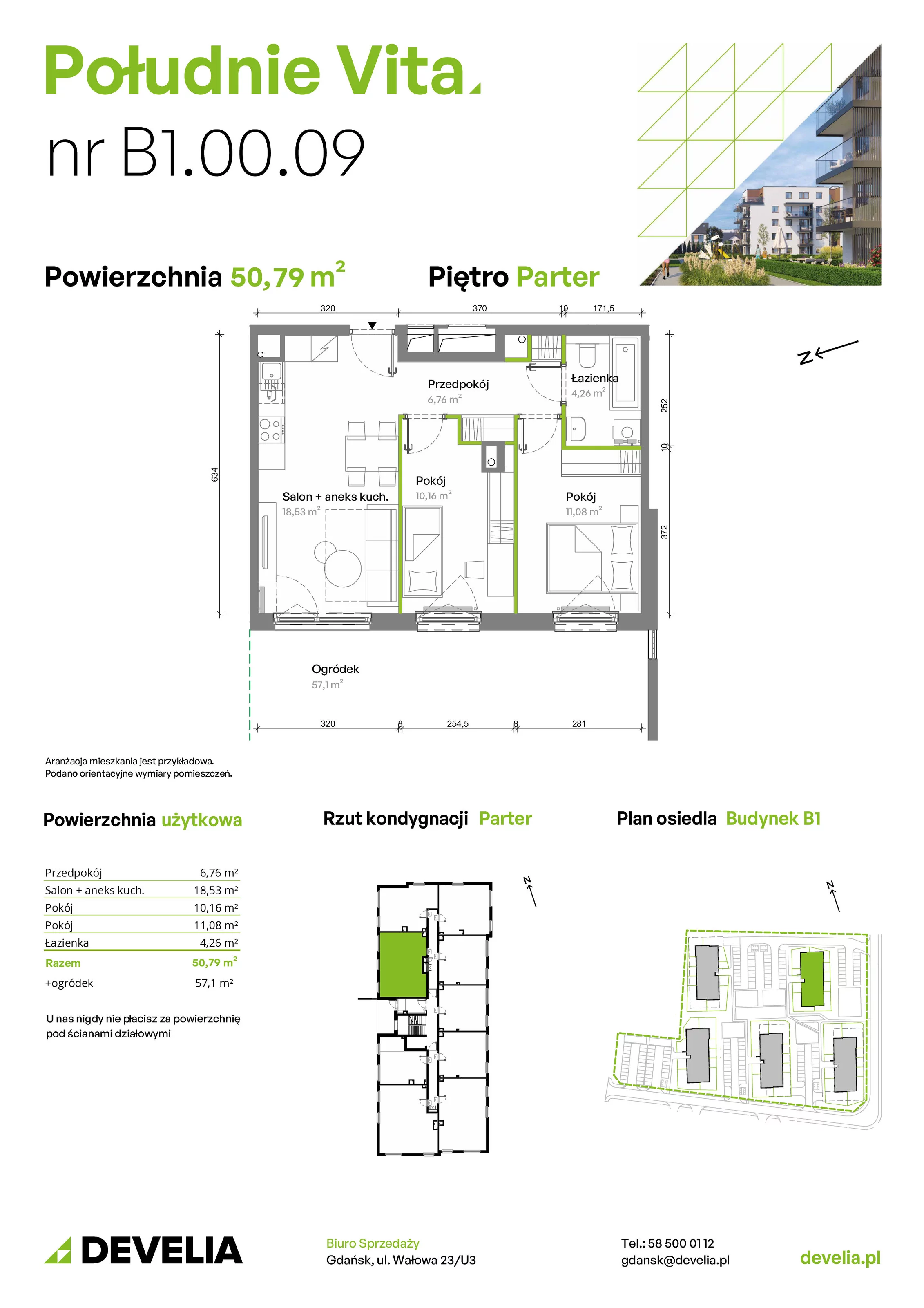 3 pokoje, mieszkanie 50,84 m², parter, oferta nr B1.00.09, Południe Vita etap III, Gdańsk, Orunia Górna-Gdańsk Południe, ul. Kazimierza Wielkiego 