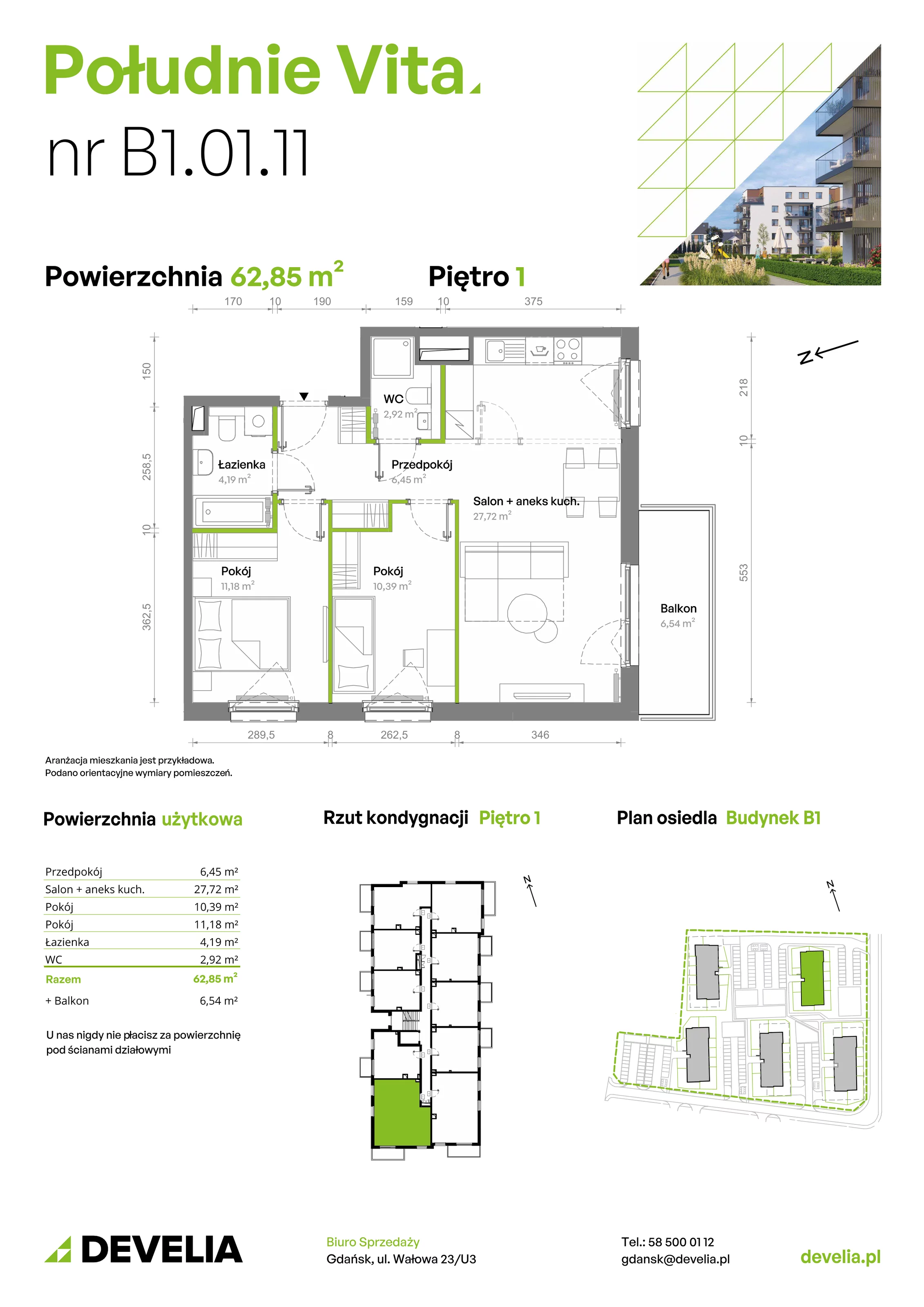 3 pokoje, mieszkanie 62,85 m², piętro 1, oferta nr B1.01.11, Południe Vita etap III, Gdańsk, Orunia Górna-Gdańsk Południe, ul. Kazimierza Wielkiego 