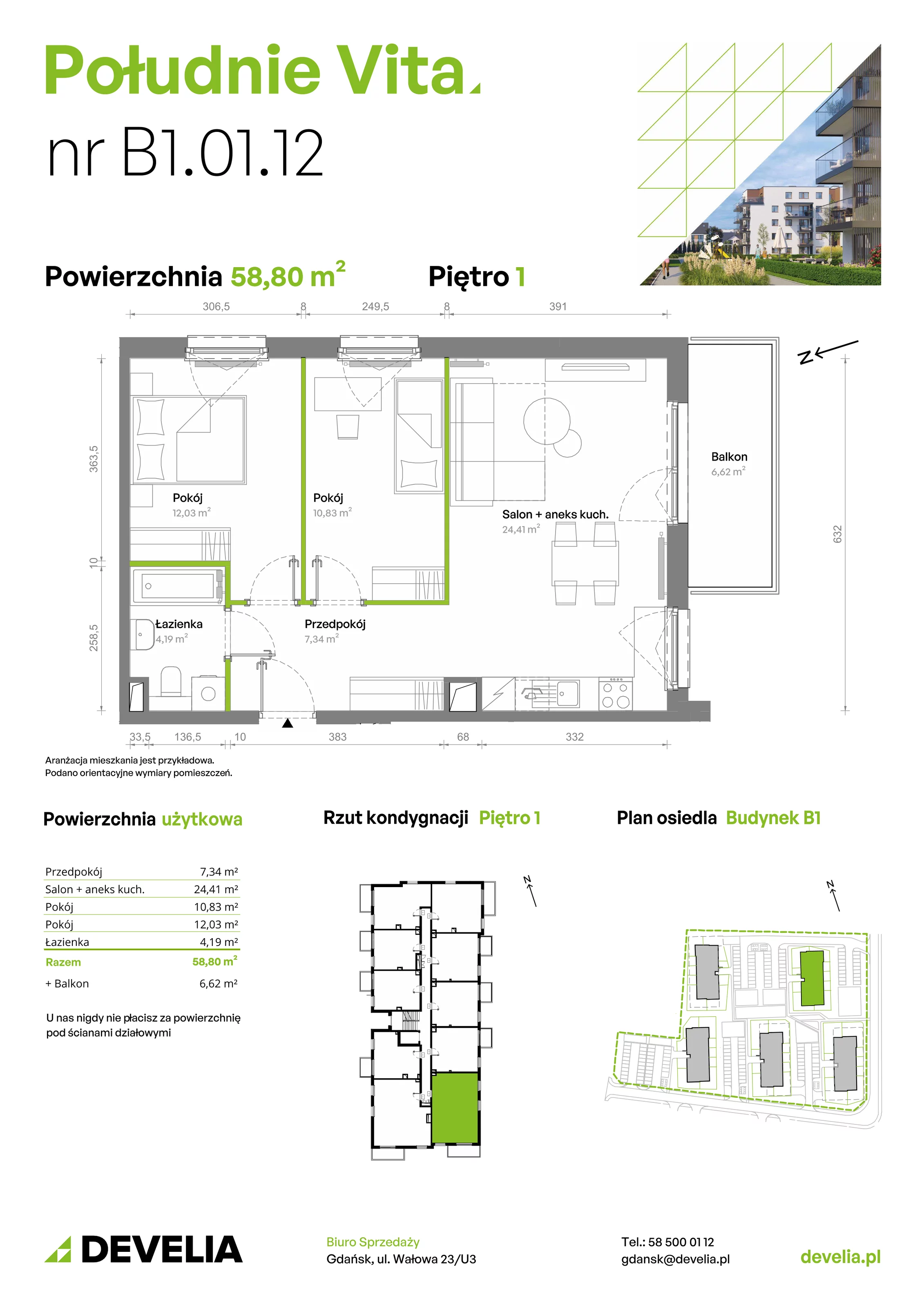 3 pokoje, mieszkanie 58,80 m², piętro 1, oferta nr B1.01.12, Południe Vita etap III, Gdańsk, Orunia Górna-Gdańsk Południe, ul. Kazimierza Wielkiego 