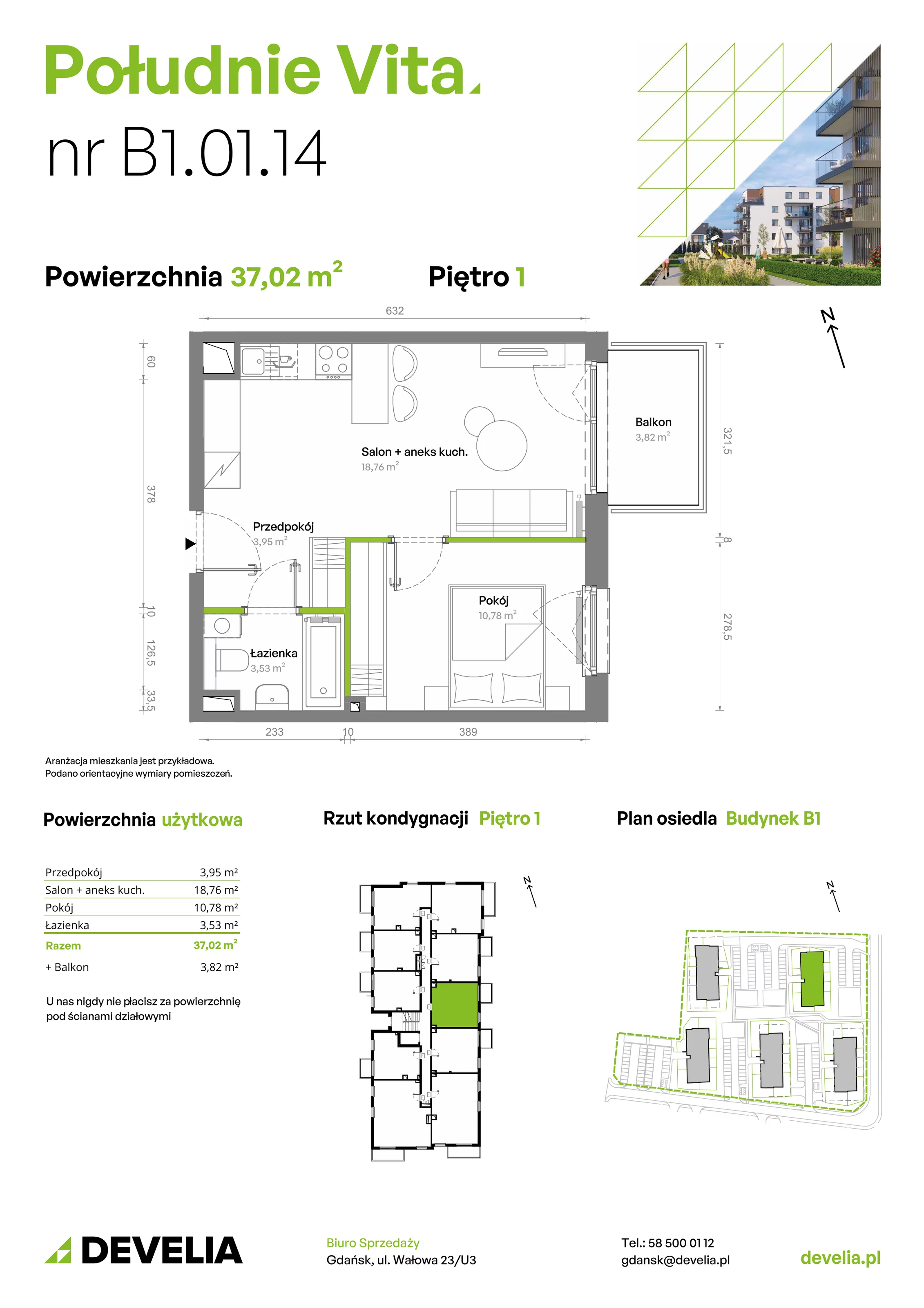 2 pokoje, mieszkanie 37,02 m², piętro 1, oferta nr B1.01.14, Południe Vita etap III, Gdańsk, Orunia Górna-Gdańsk Południe, ul. Kazimierza Wielkiego 