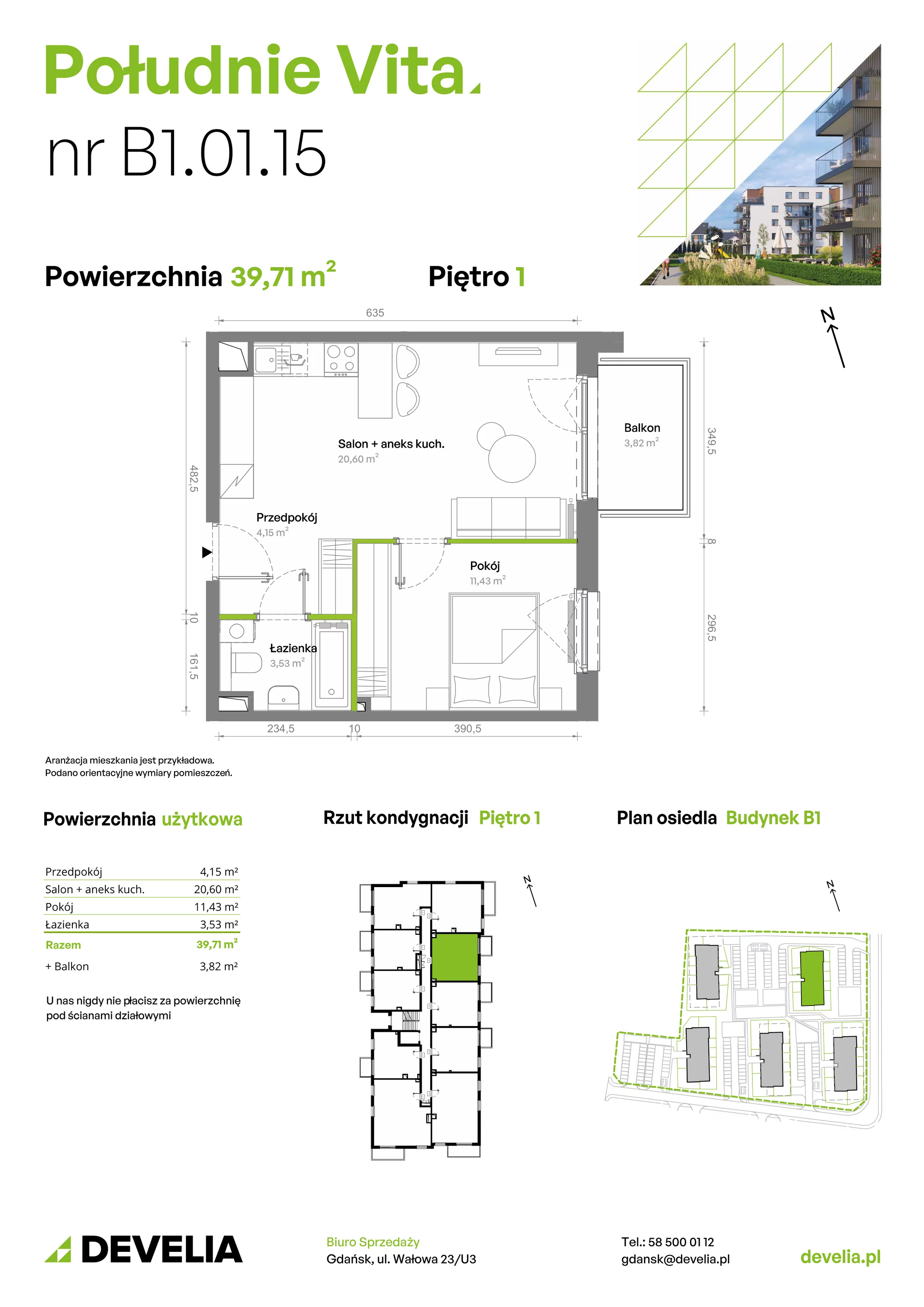 2 pokoje, mieszkanie 39,71 m², piętro 1, oferta nr B1.01.15, Południe Vita etap III, Gdańsk, Orunia Górna-Gdańsk Południe, ul. Kazimierza Wielkiego 