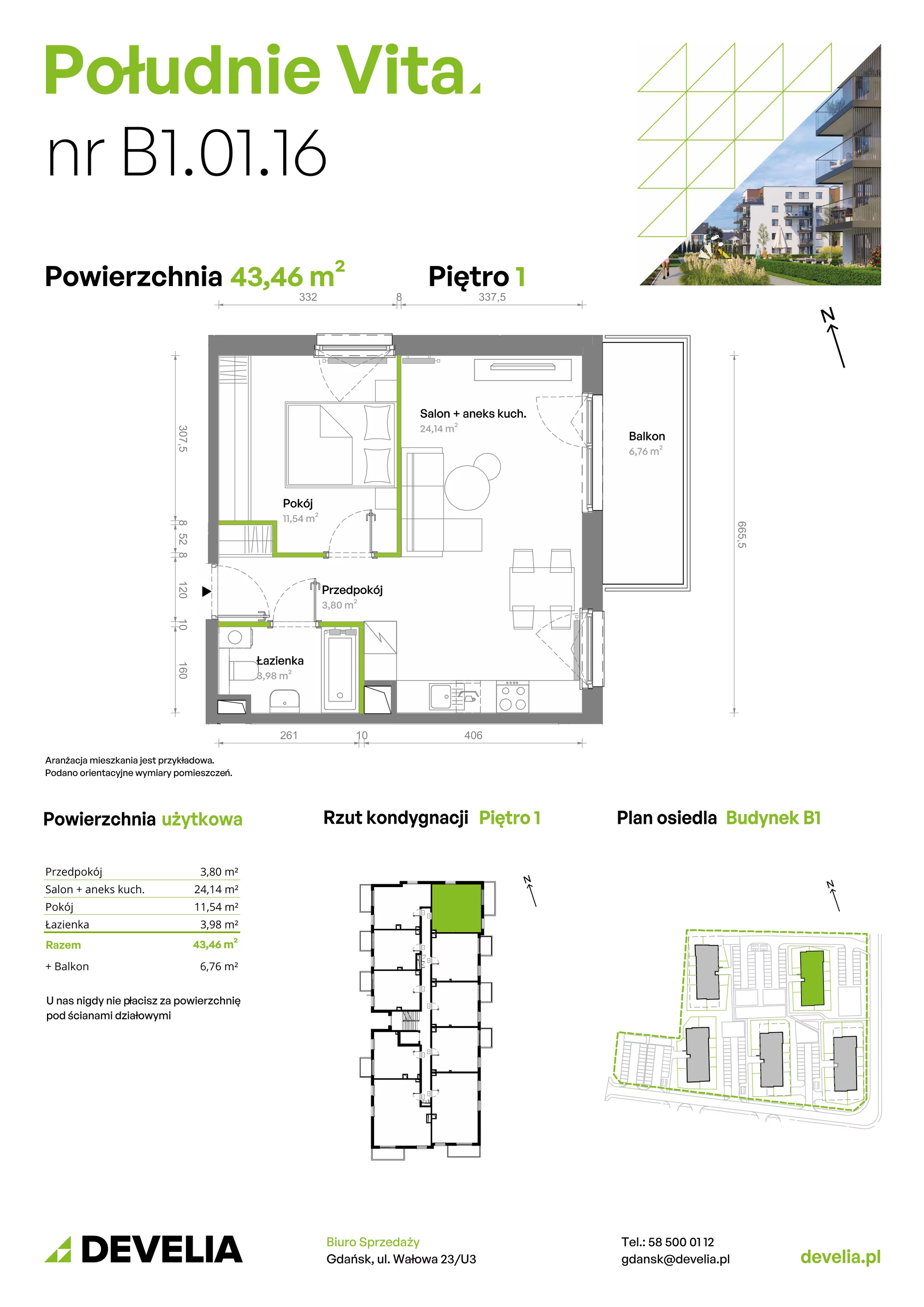 2 pokoje, mieszkanie 43,46 m², piętro 1, oferta nr B1.01.16, Południe Vita etap III, Gdańsk, Orunia Górna-Gdańsk Południe, ul. Kazimierza Wielkiego 