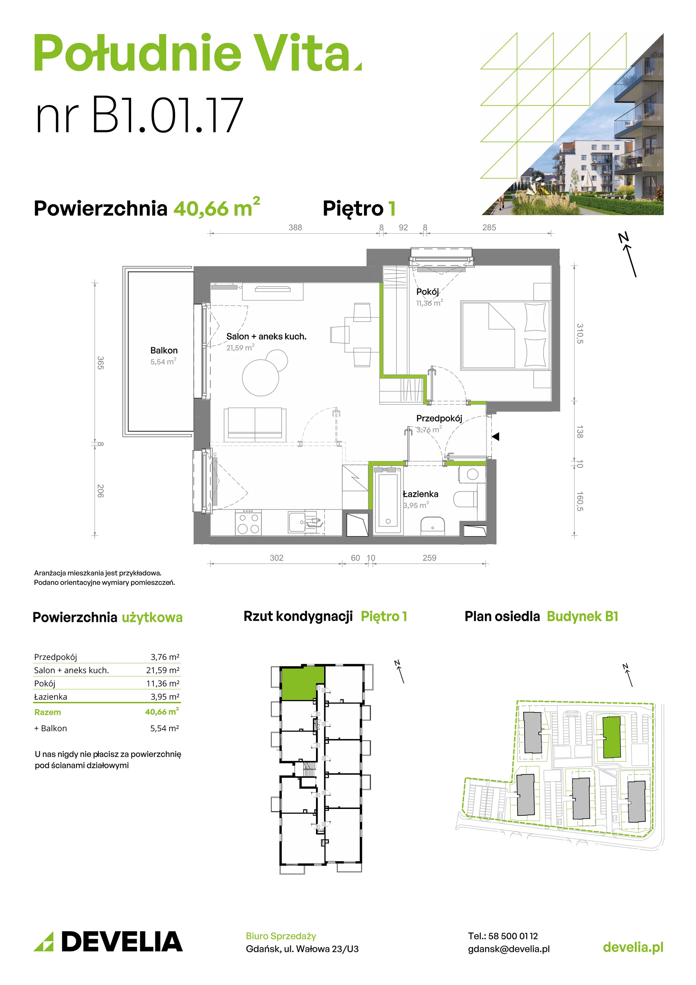 2 pokoje, mieszkanie 40,66 m², piętro 1, oferta nr B1.01.17, Południe Vita etap III, Gdańsk, Orunia Górna-Gdańsk Południe, ul. Kazimierza Wielkiego 