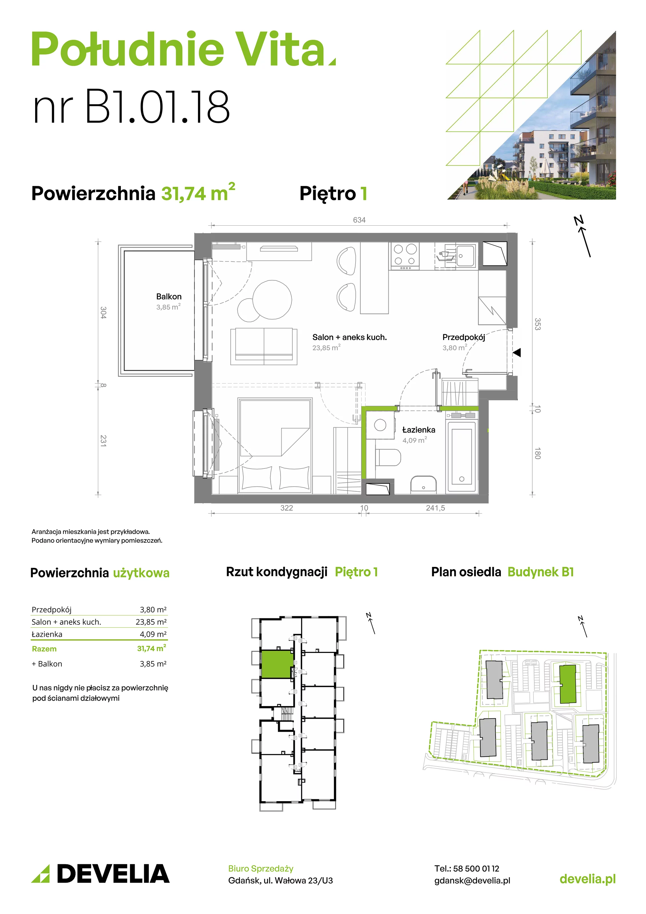 1 pokój, mieszkanie 31,74 m², piętro 1, oferta nr B1.01.18, Południe Vita etap III, Gdańsk, Orunia Górna-Gdańsk Południe, ul. Kazimierza Wielkiego 