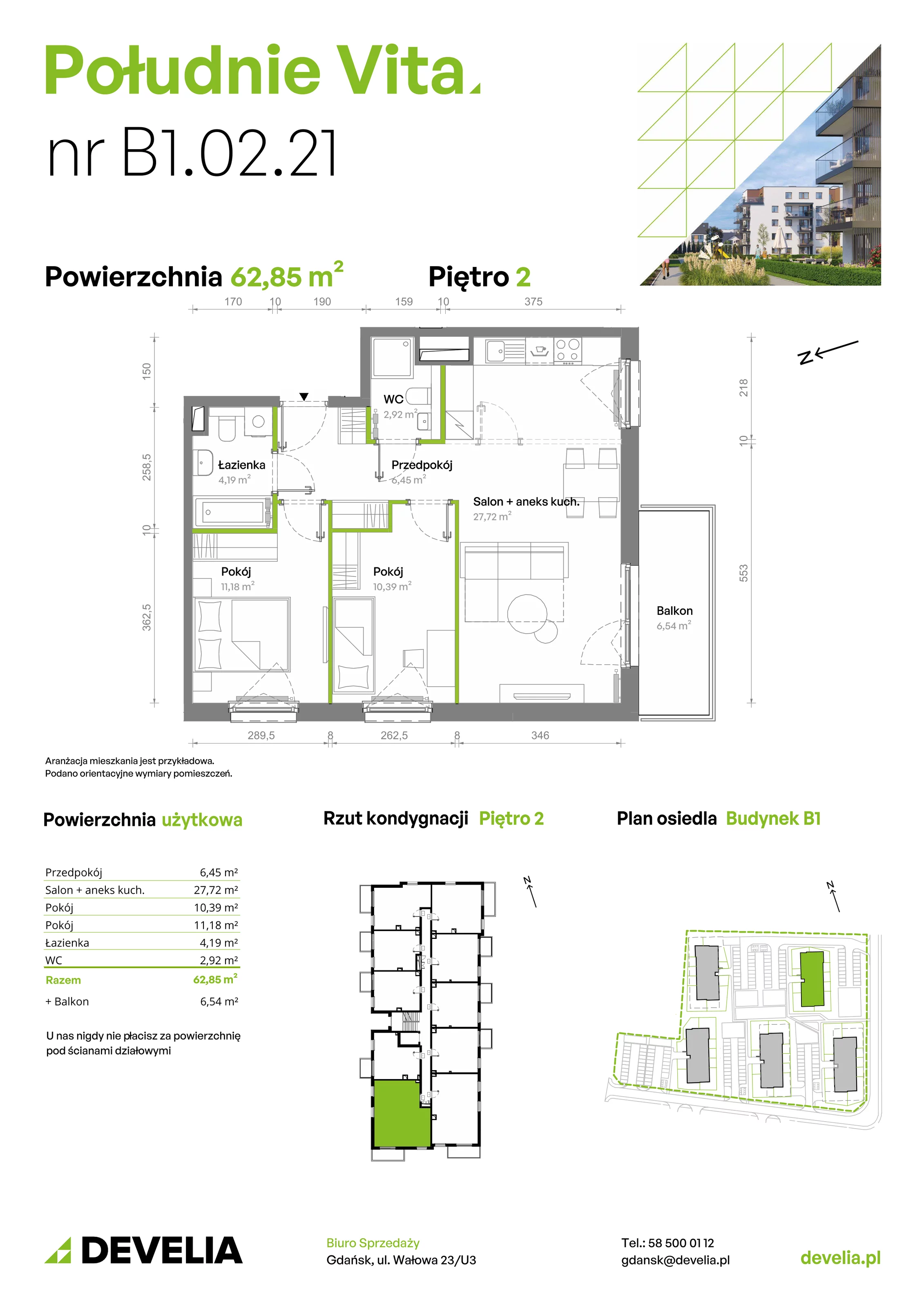 3 pokoje, mieszkanie 62,85 m², piętro 2, oferta nr B1.02.21, Południe Vita etap III, Gdańsk, Orunia Górna-Gdańsk Południe, ul. Kazimierza Wielkiego 