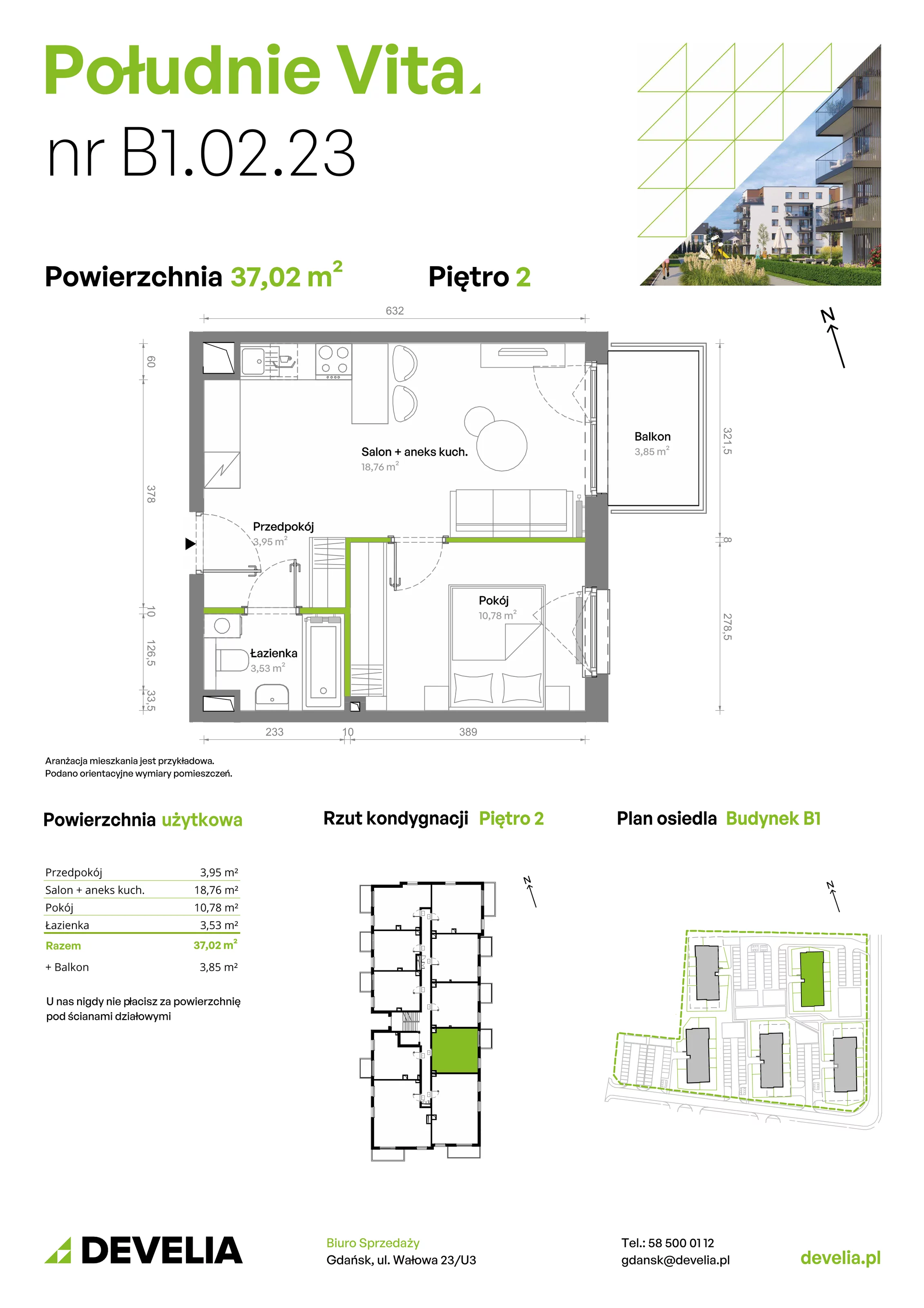 2 pokoje, mieszkanie 37,02 m², piętro 2, oferta nr B1.02.23, Południe Vita etap III, Gdańsk, Orunia Górna-Gdańsk Południe, ul. Kazimierza Wielkiego 