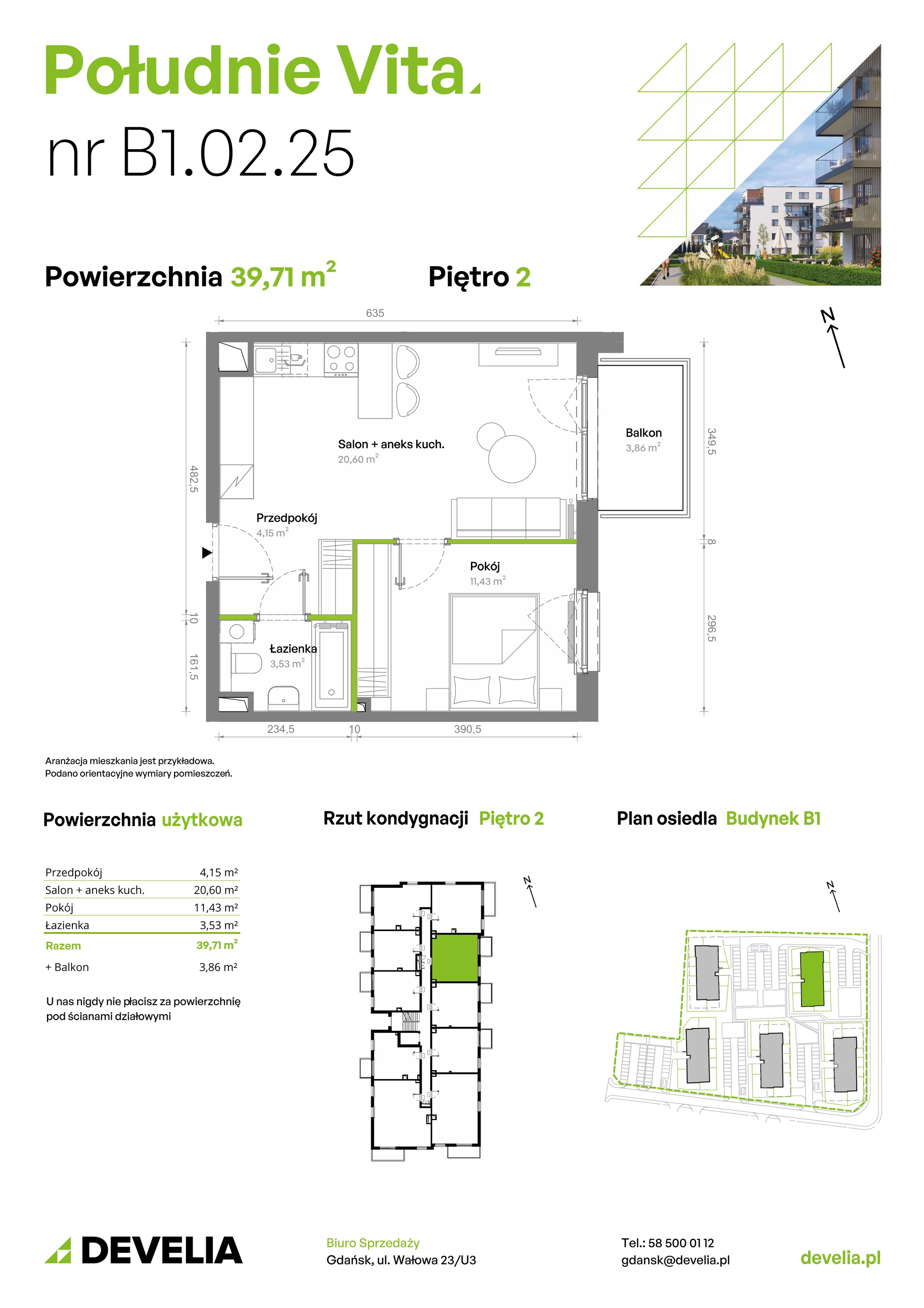 2 pokoje, mieszkanie 39,71 m², piętro 2, oferta nr B1.02.25, Południe Vita etap III, Gdańsk, Orunia Górna-Gdańsk Południe, ul. Kazimierza Wielkiego 