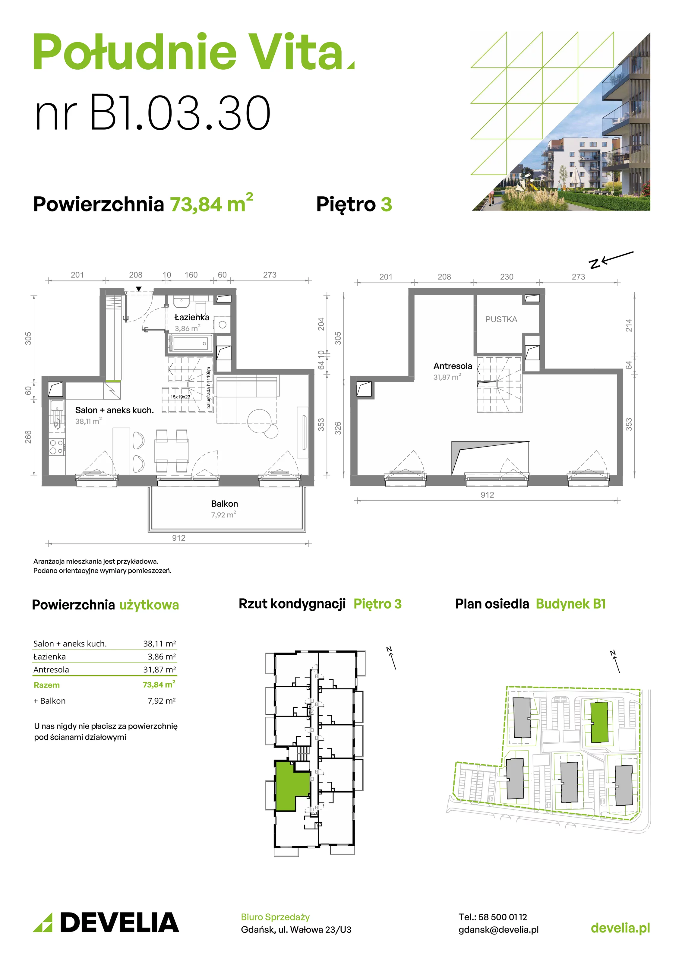 3 pokoje, mieszkanie 73,84 m², piętro 3, oferta nr B1.03.30, Południe Vita etap III, Gdańsk, Orunia Górna-Gdańsk Południe, ul. Kazimierza Wielkiego 