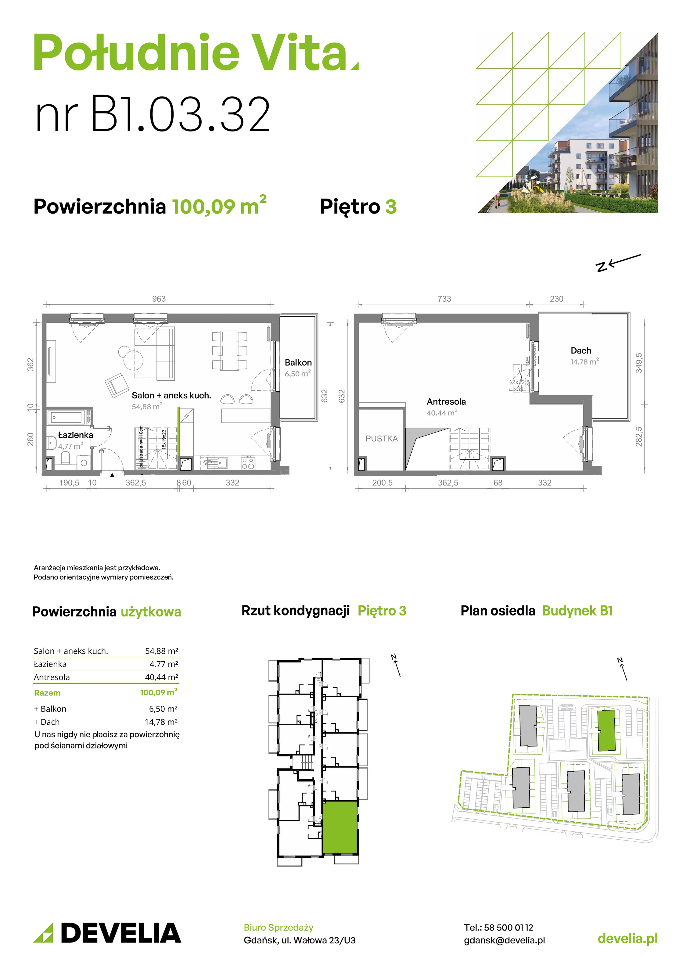 4 pokoje, mieszkanie 100,09 m², piętro 3, oferta nr B1.03.32, Południe Vita etap III, Gdańsk, Orunia Górna-Gdańsk Południe, ul. Kazimierza Wielkiego 