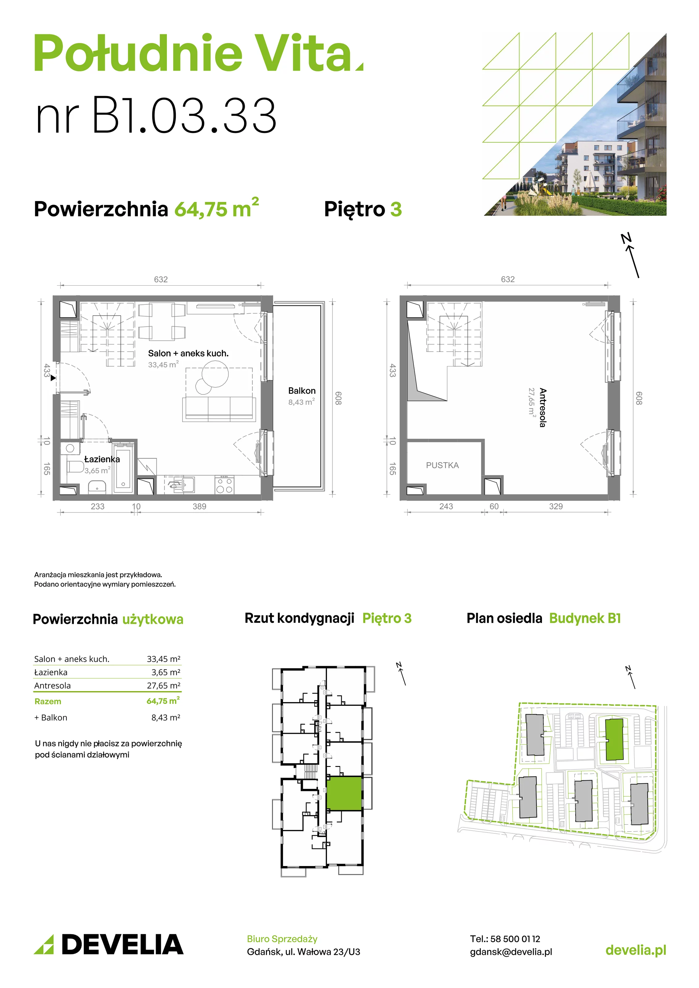 3 pokoje, mieszkanie 64,75 m², piętro 3, oferta nr B1.03.33, Południe Vita etap III, Gdańsk, Orunia Górna-Gdańsk Południe, ul. Kazimierza Wielkiego 