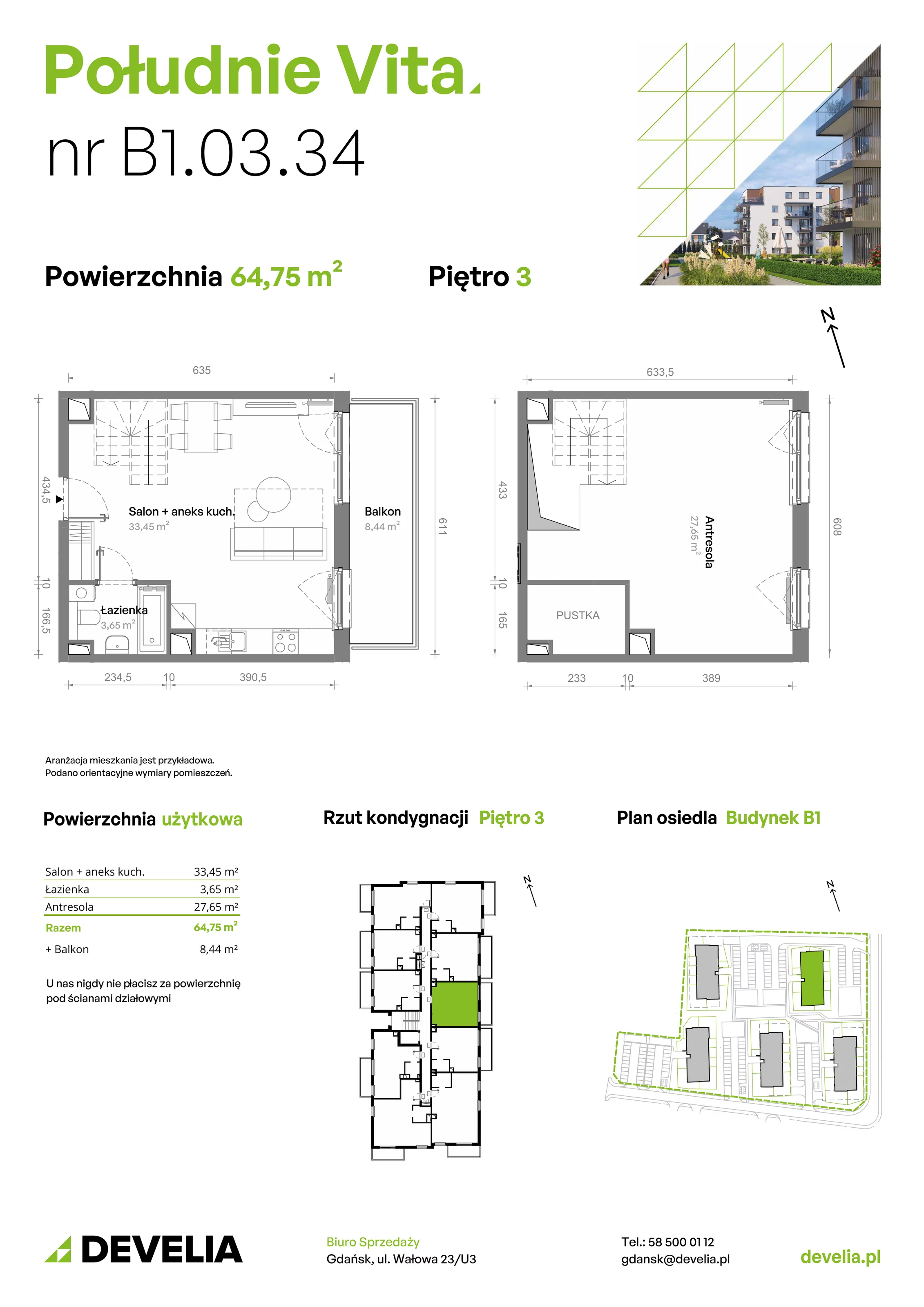 3 pokoje, mieszkanie 64,75 m², piętro 3, oferta nr B1.03.34, Południe Vita etap III, Gdańsk, Orunia Górna-Gdańsk Południe, ul. Kazimierza Wielkiego 