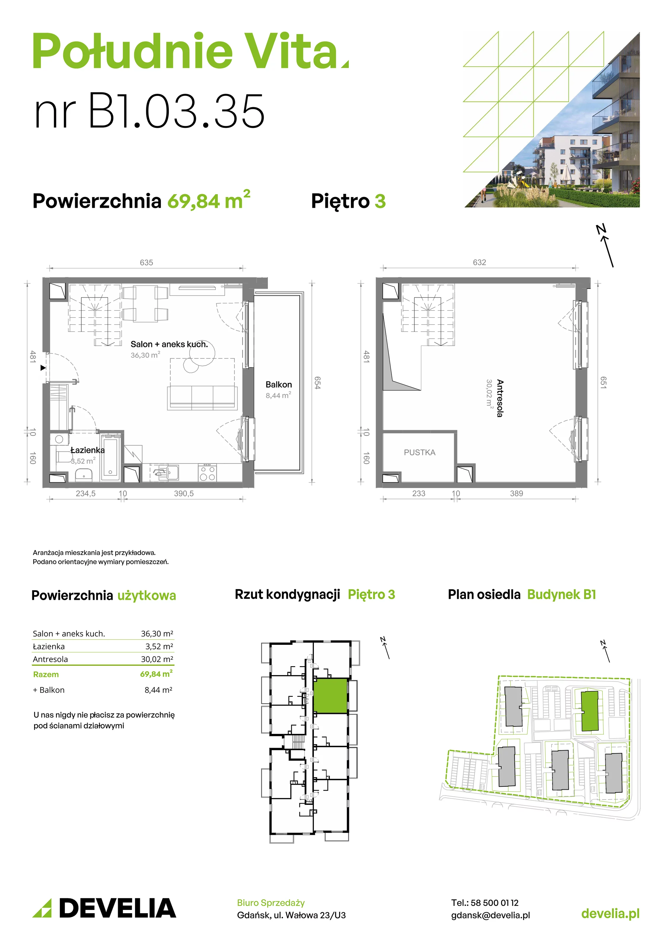 3 pokoje, mieszkanie 69,90 m², piętro 3, oferta nr B1.03.35, Południe Vita etap III, Gdańsk, Orunia Górna-Gdańsk Południe, ul. Kazimierza Wielkiego 