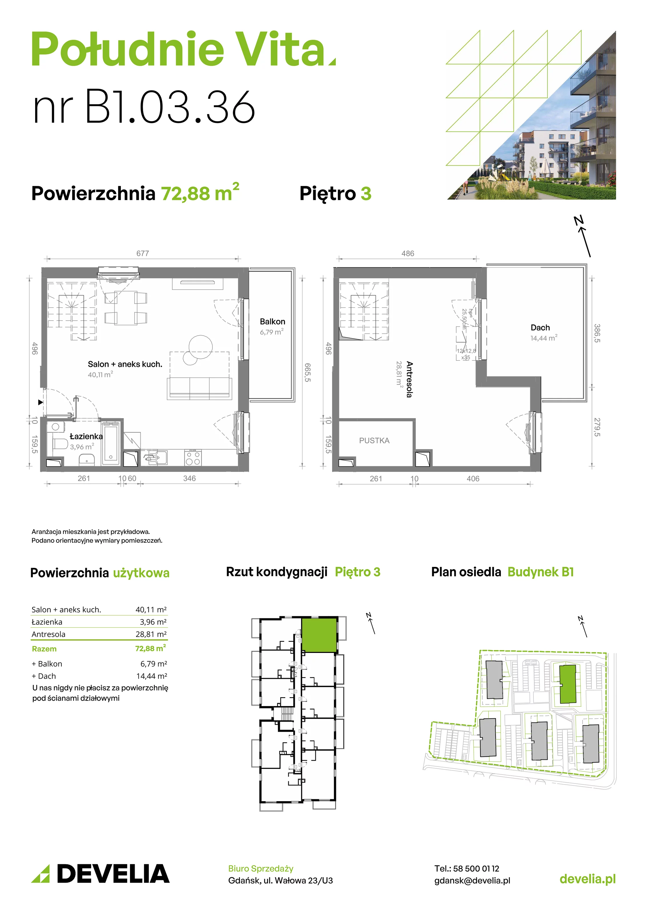 3 pokoje, mieszkanie 72,88 m², piętro 3, oferta nr B1.03.36, Południe Vita etap III, Gdańsk, Orunia Górna-Gdańsk Południe, ul. Kazimierza Wielkiego 