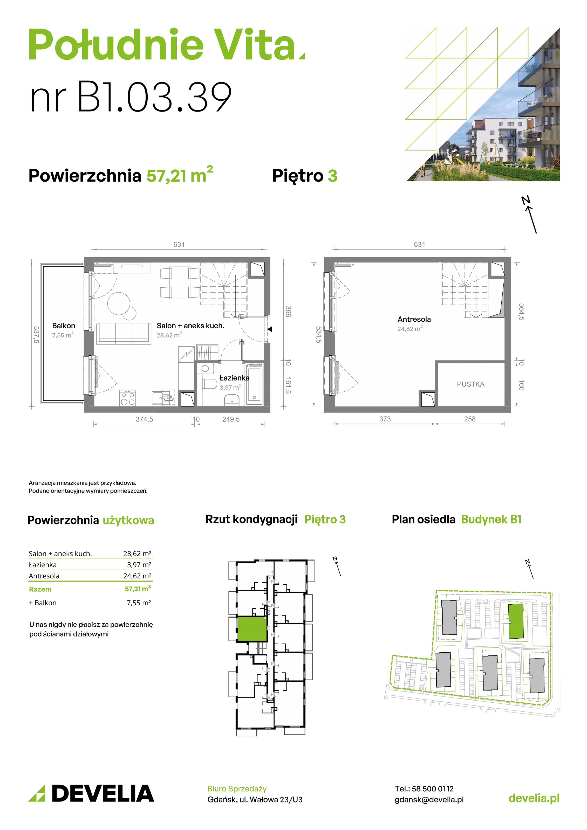 2 pokoje, mieszkanie 57,21 m², piętro 3, oferta nr B1.03.39, Południe Vita etap III, Gdańsk, Orunia Górna-Gdańsk Południe, ul. Kazimierza Wielkiego 