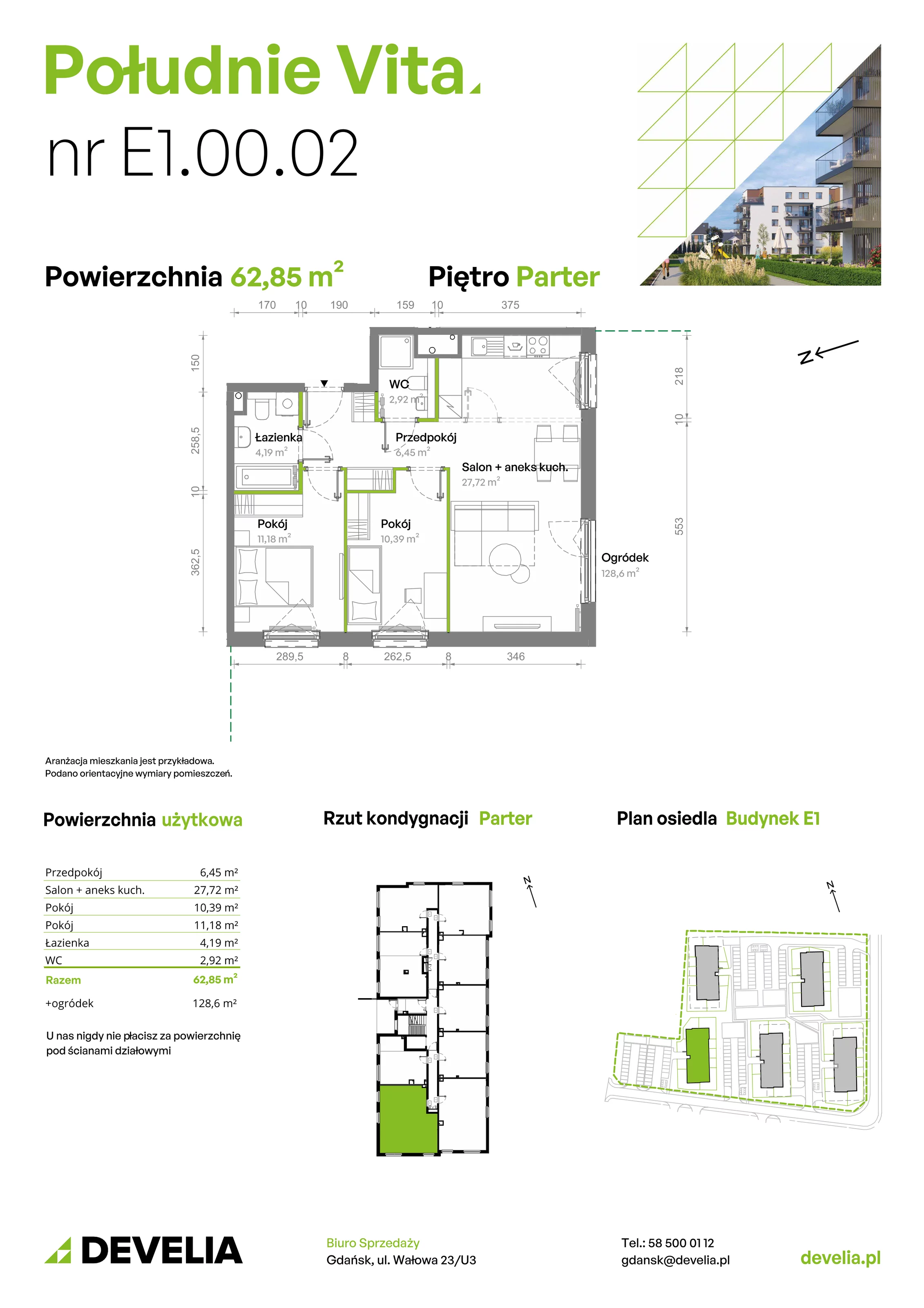 3 pokoje, mieszkanie 62,85 m², parter, oferta nr E1.00.02, Południe Vita etap III, Gdańsk, Orunia Górna-Gdańsk Południe, ul. Kazimierza Wielkiego 