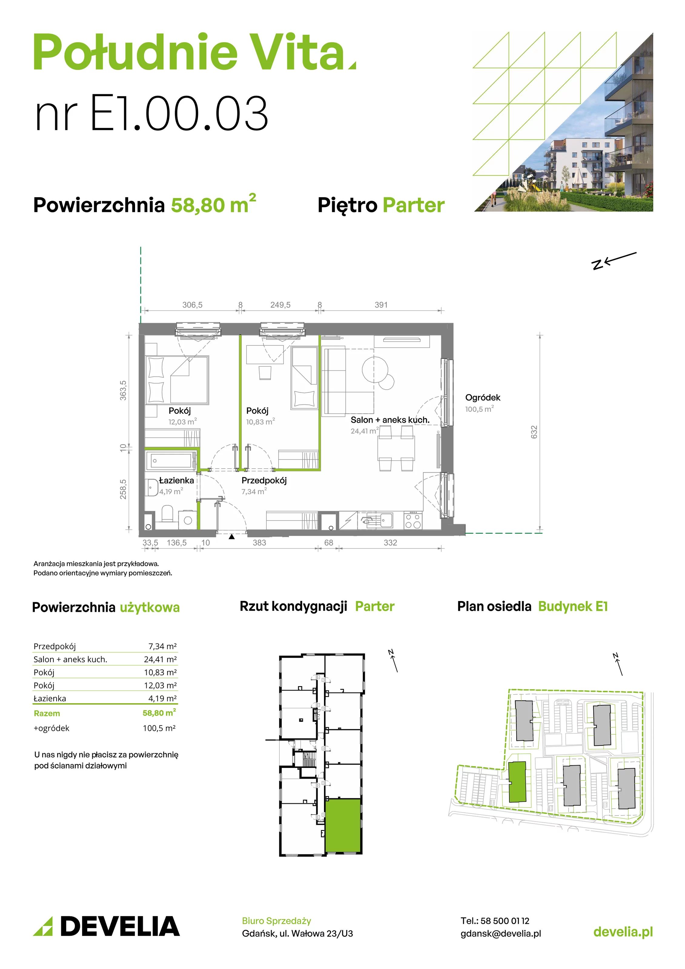 3 pokoje, mieszkanie 58,80 m², parter, oferta nr E1.00.03, Południe Vita etap III, Gdańsk, Orunia Górna-Gdańsk Południe, ul. Kazimierza Wielkiego 