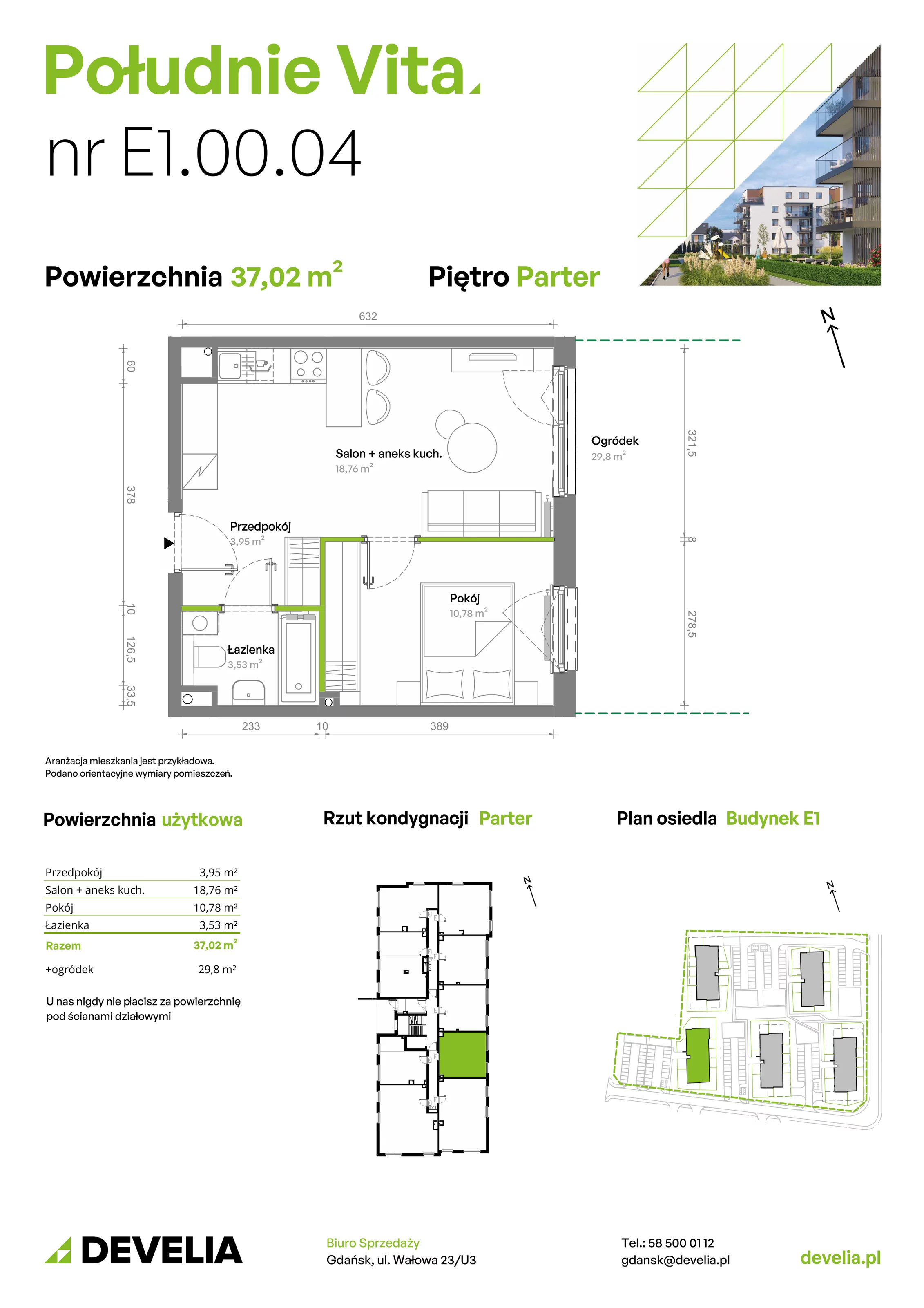 2 pokoje, mieszkanie 37,02 m², parter, oferta nr E1.00.04, Południe Vita etap III, Gdańsk, Orunia Górna-Gdańsk Południe, ul. Kazimierza Wielkiego 