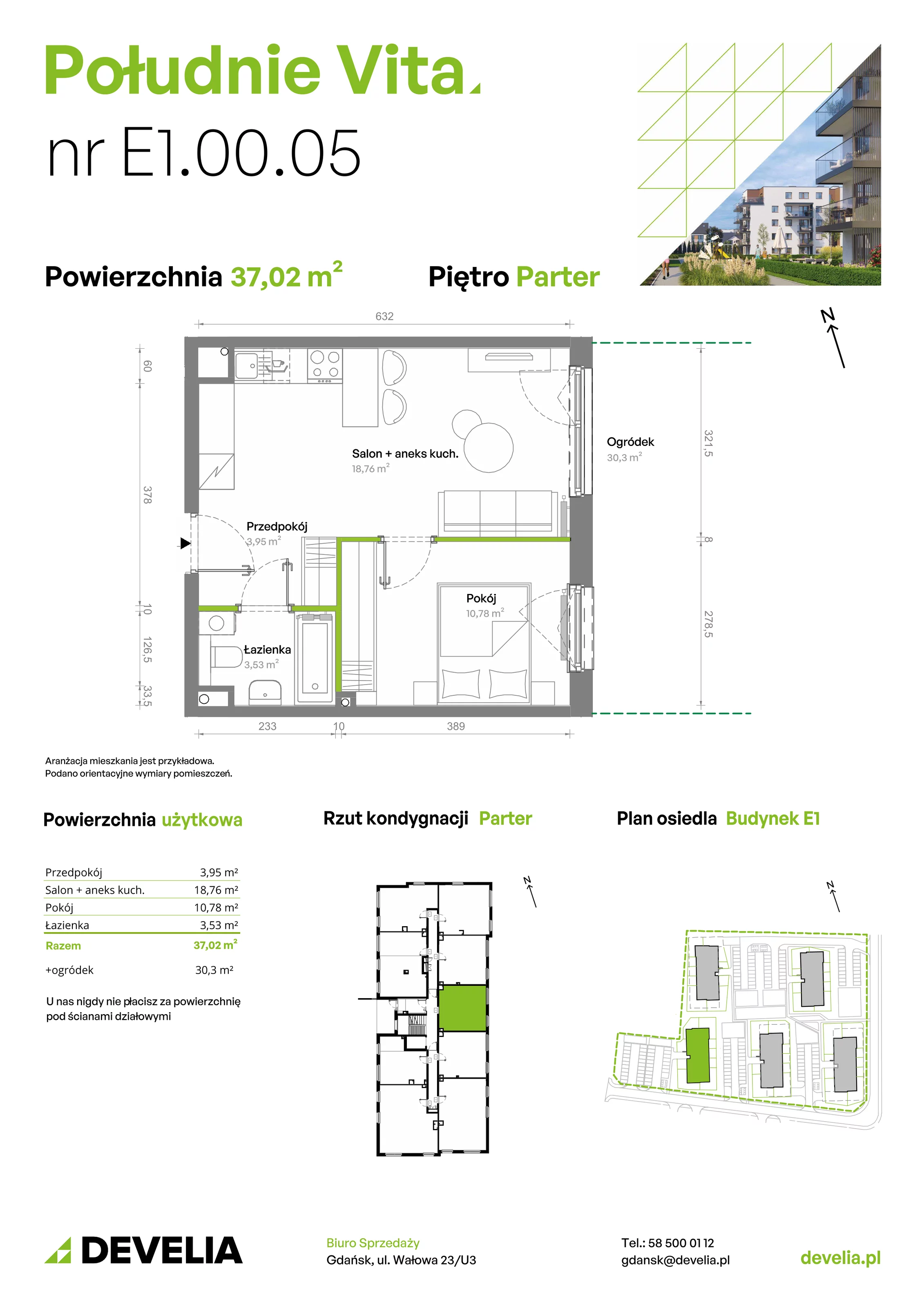 2 pokoje, mieszkanie 37,02 m², parter, oferta nr E1.00.05, Południe Vita etap III, Gdańsk, Orunia Górna-Gdańsk Południe, ul. Kazimierza Wielkiego 