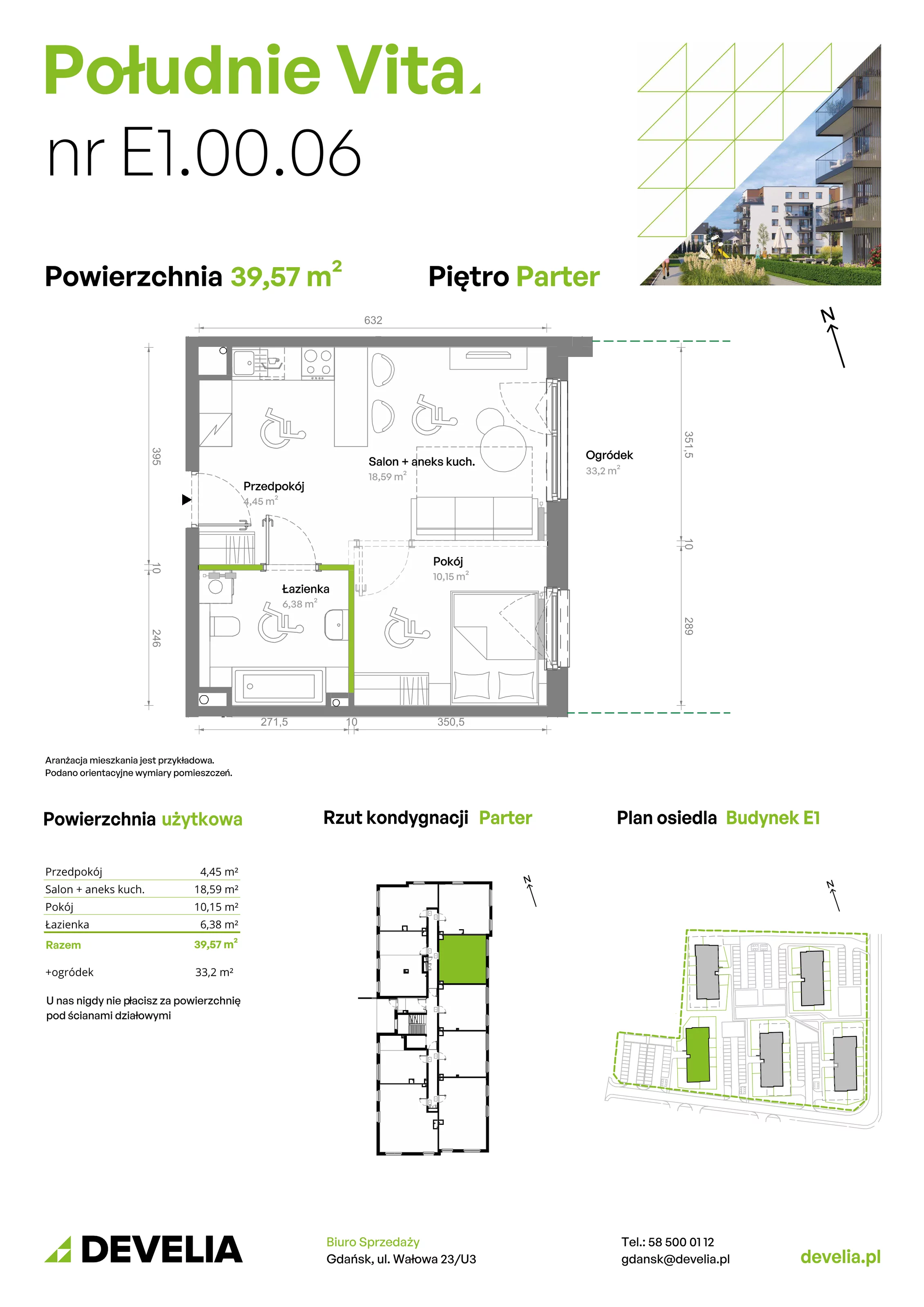 2 pokoje, mieszkanie 39,57 m², parter, oferta nr E1.00.06, Południe Vita etap III, Gdańsk, Orunia Górna-Gdańsk Południe, ul. Kazimierza Wielkiego 