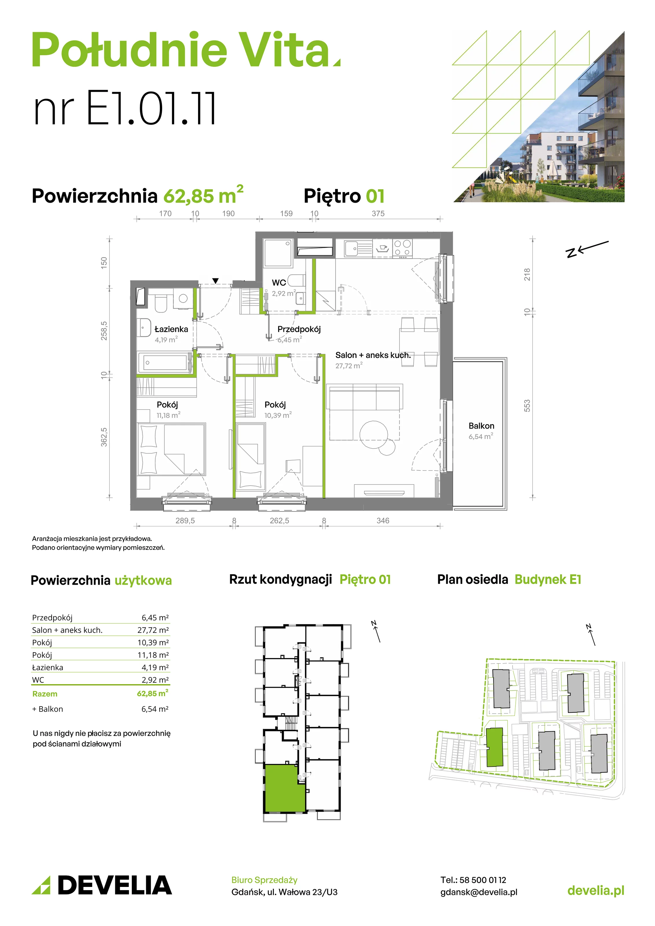 3 pokoje, mieszkanie 62,85 m², piętro 1, oferta nr E1.01.11, Południe Vita etap III, Gdańsk, Orunia Górna-Gdańsk Południe, ul. Kazimierza Wielkiego 