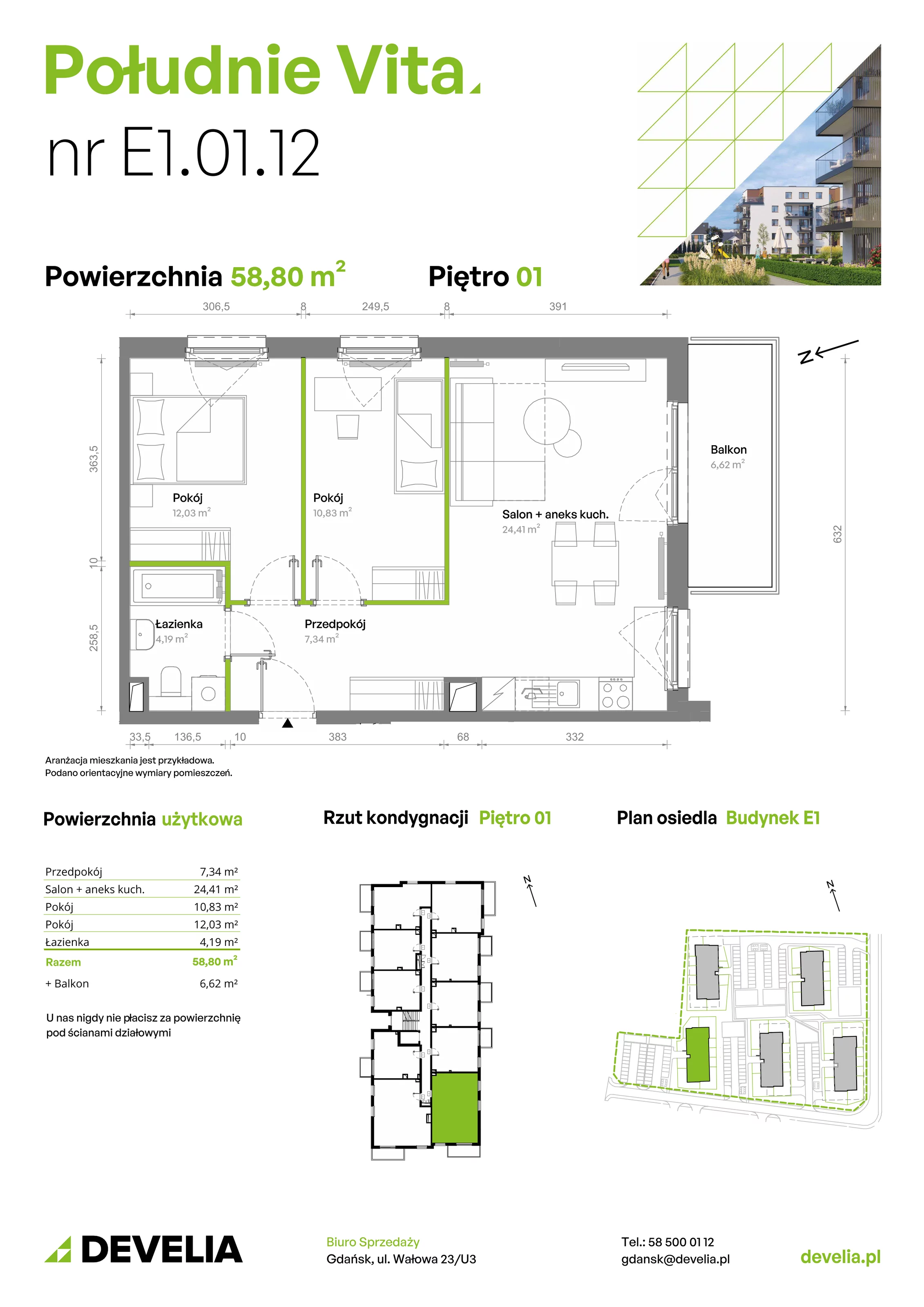 3 pokoje, mieszkanie 58,80 m², piętro 1, oferta nr E1.01.12, Południe Vita etap III, Gdańsk, Orunia Górna-Gdańsk Południe, ul. Kazimierza Wielkiego 