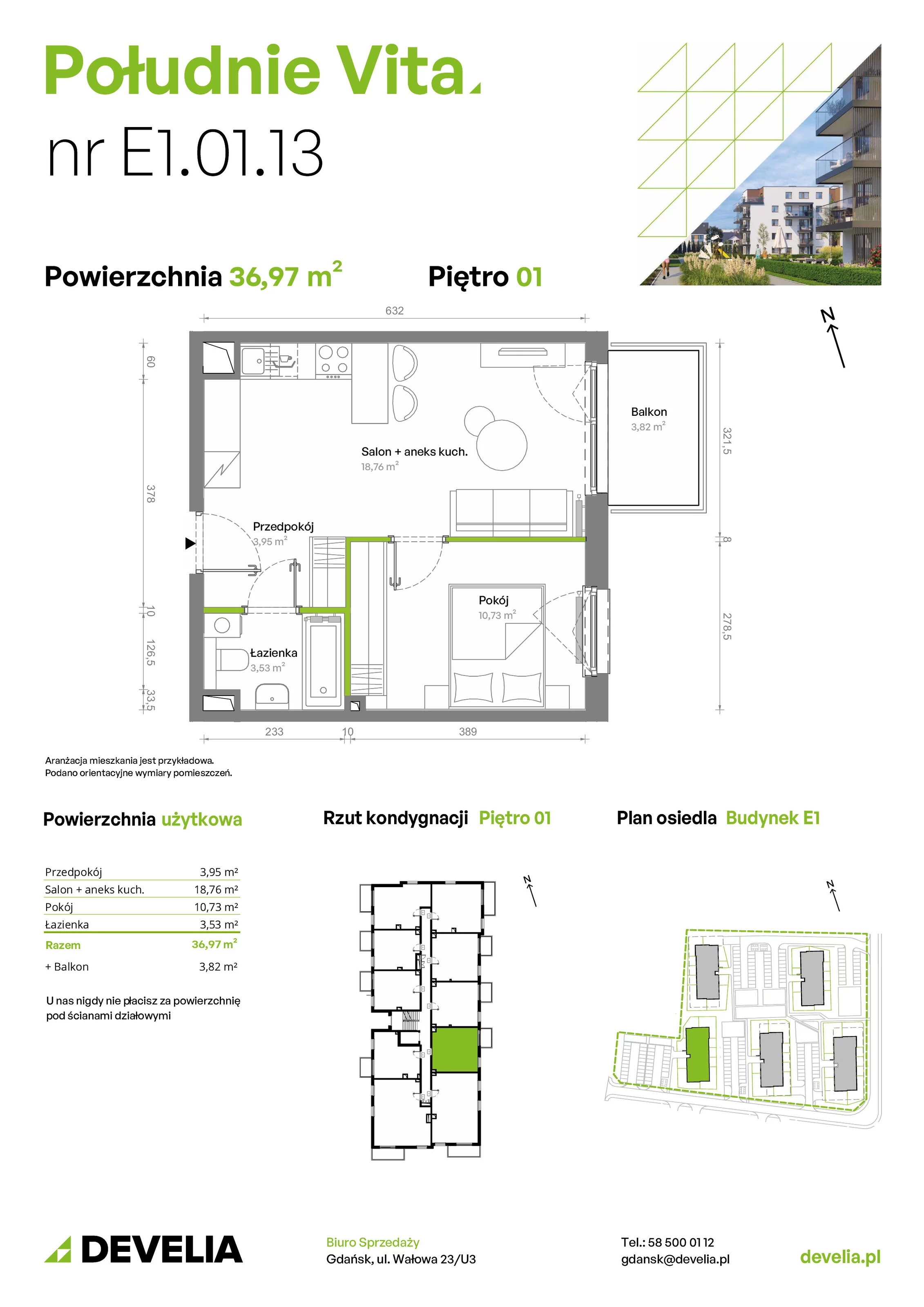 2 pokoje, mieszkanie 37,02 m², piętro 1, oferta nr E1.01.13, Południe Vita etap III, Gdańsk, Orunia Górna-Gdańsk Południe, ul. Kazimierza Wielkiego 