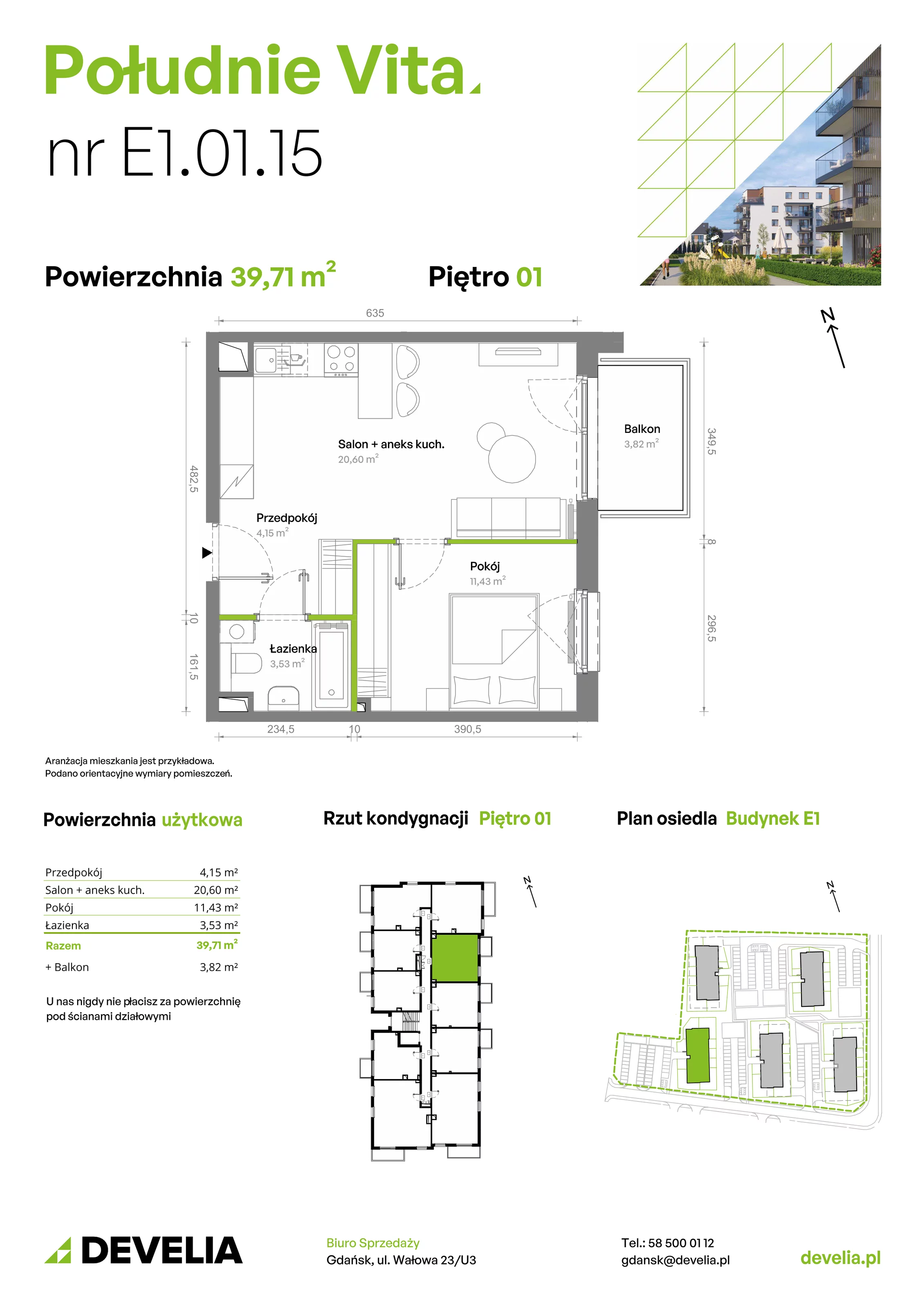 2 pokoje, mieszkanie 39,71 m², piętro 1, oferta nr E1.01.15, Południe Vita etap III, Gdańsk, Orunia Górna-Gdańsk Południe, ul. Kazimierza Wielkiego 