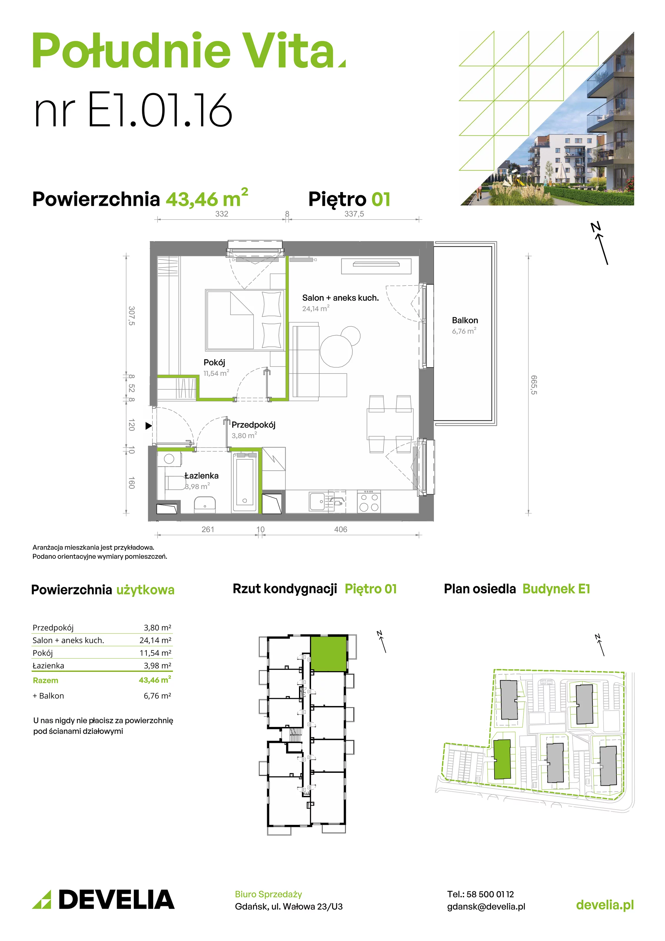 2 pokoje, mieszkanie 43,46 m², piętro 1, oferta nr E1.01.16, Południe Vita etap III, Gdańsk, Orunia Górna-Gdańsk Południe, ul. Kazimierza Wielkiego 