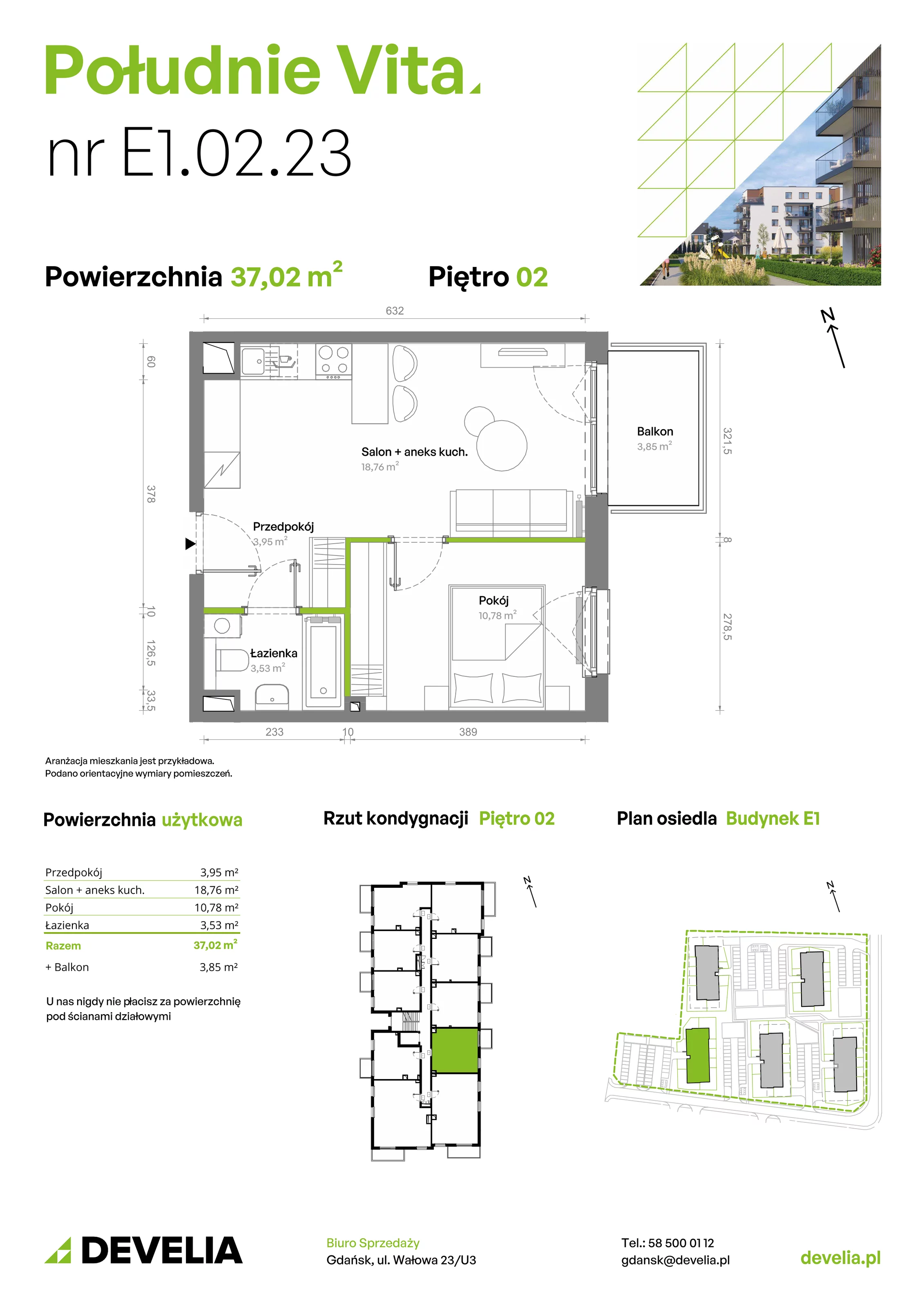 2 pokoje, mieszkanie 37,02 m², piętro 2, oferta nr E1.02.23, Południe Vita etap III, Gdańsk, Orunia Górna-Gdańsk Południe, ul. Kazimierza Wielkiego 