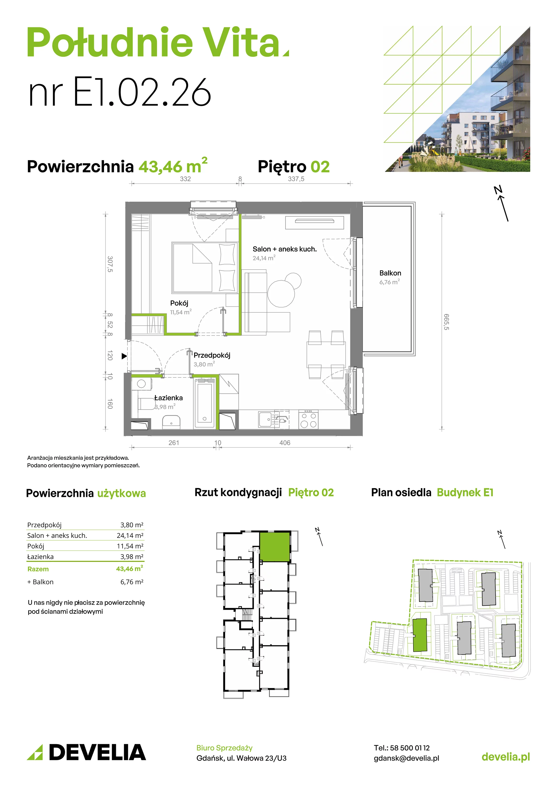 2 pokoje, mieszkanie 43,46 m², piętro 2, oferta nr E1.02.26, Południe Vita etap III, Gdańsk, Orunia Górna-Gdańsk Południe, ul. Kazimierza Wielkiego 