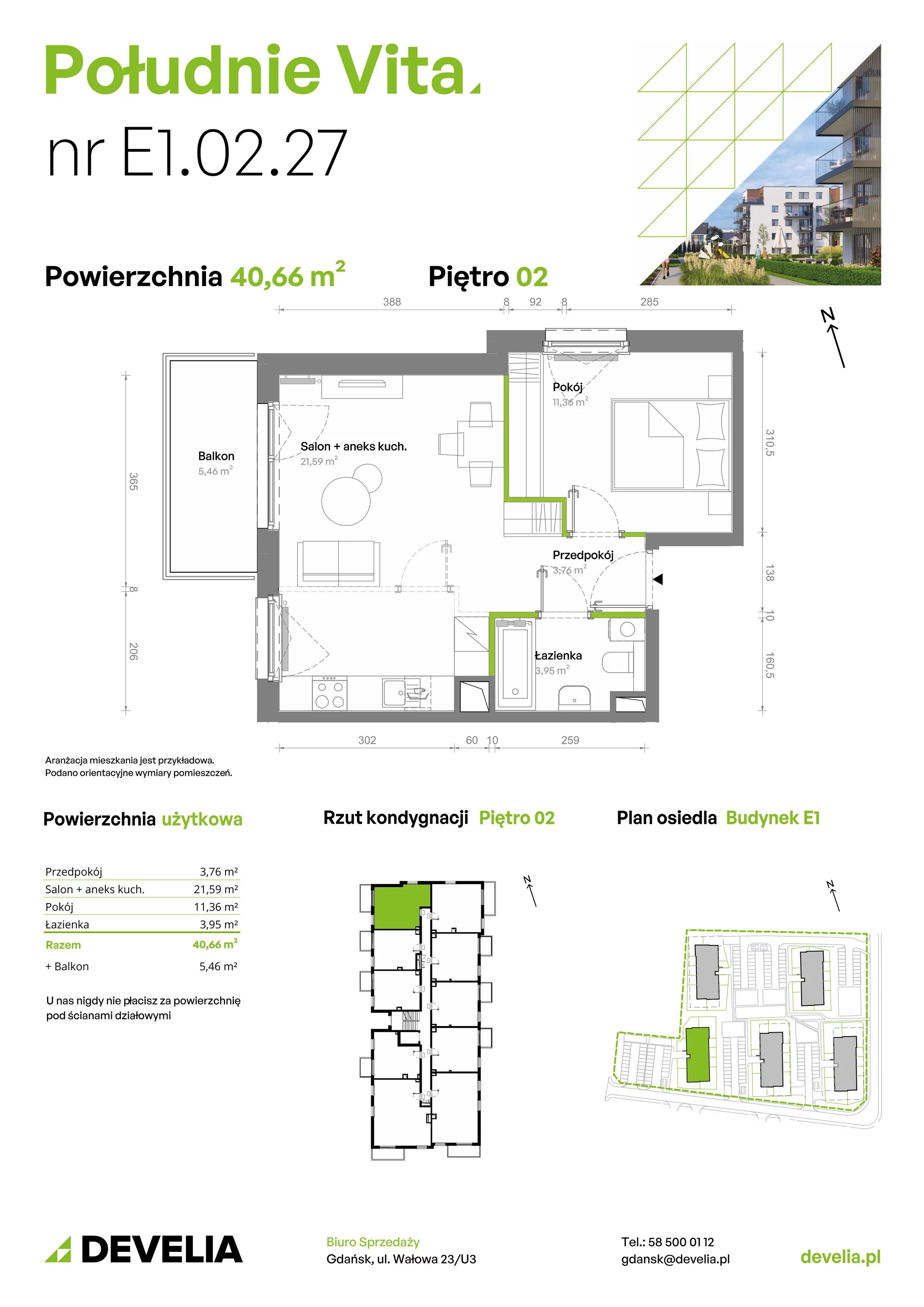 2 pokoje, mieszkanie 40,66 m², piętro 2, oferta nr E1.02.27, Południe Vita etap III, Gdańsk, Orunia Górna-Gdańsk Południe, ul. Kazimierza Wielkiego 