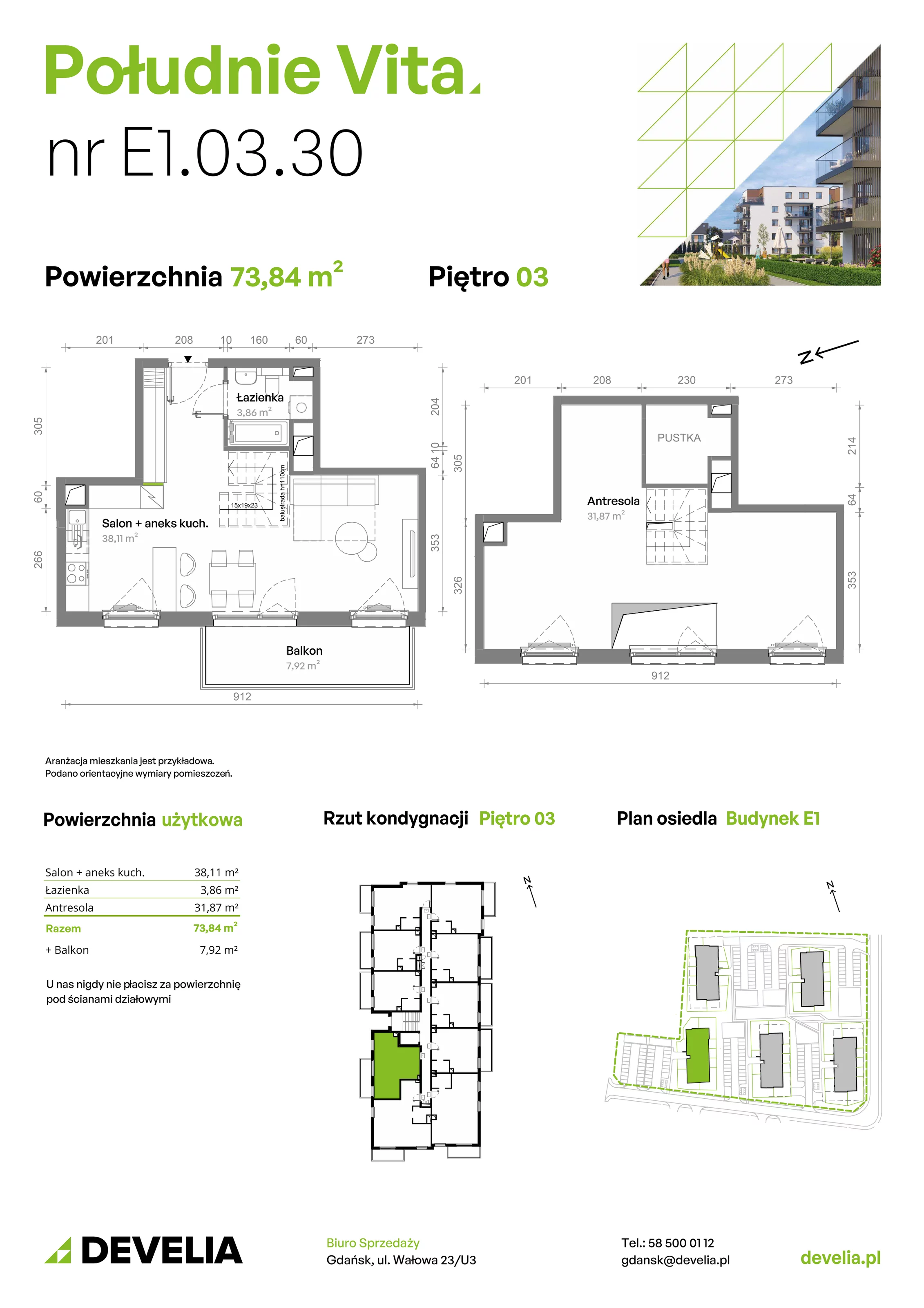 3 pokoje, mieszkanie 73,85 m², piętro 3, oferta nr E1.03.30, Południe Vita etap III, Gdańsk, Orunia Górna-Gdańsk Południe, ul. Kazimierza Wielkiego 