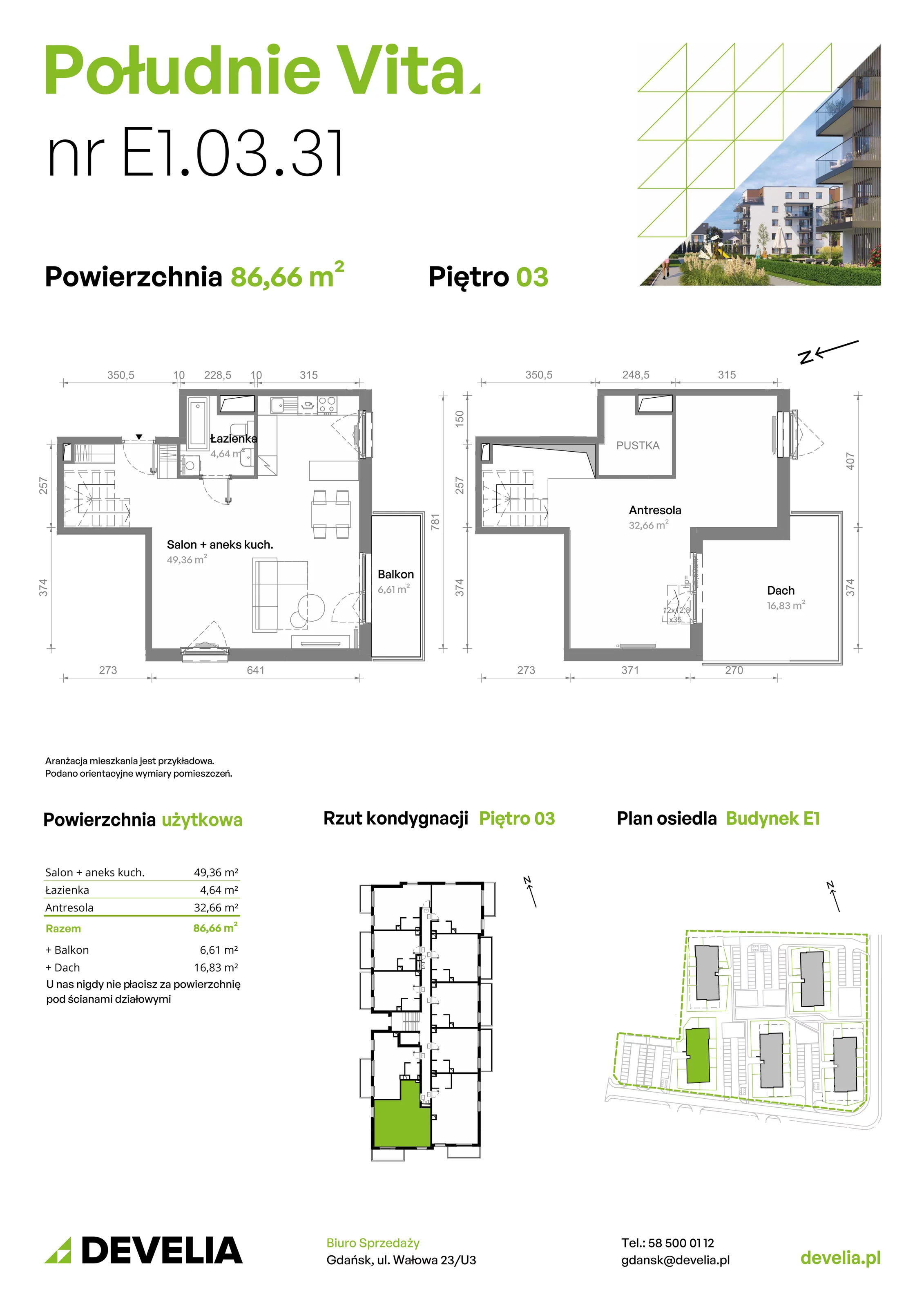 4 pokoje, mieszkanie 86,12 m², piętro 3, oferta nr E1.03.31, Południe Vita etap III, Gdańsk, Orunia Górna-Gdańsk Południe, ul. Kazimierza Wielkiego 