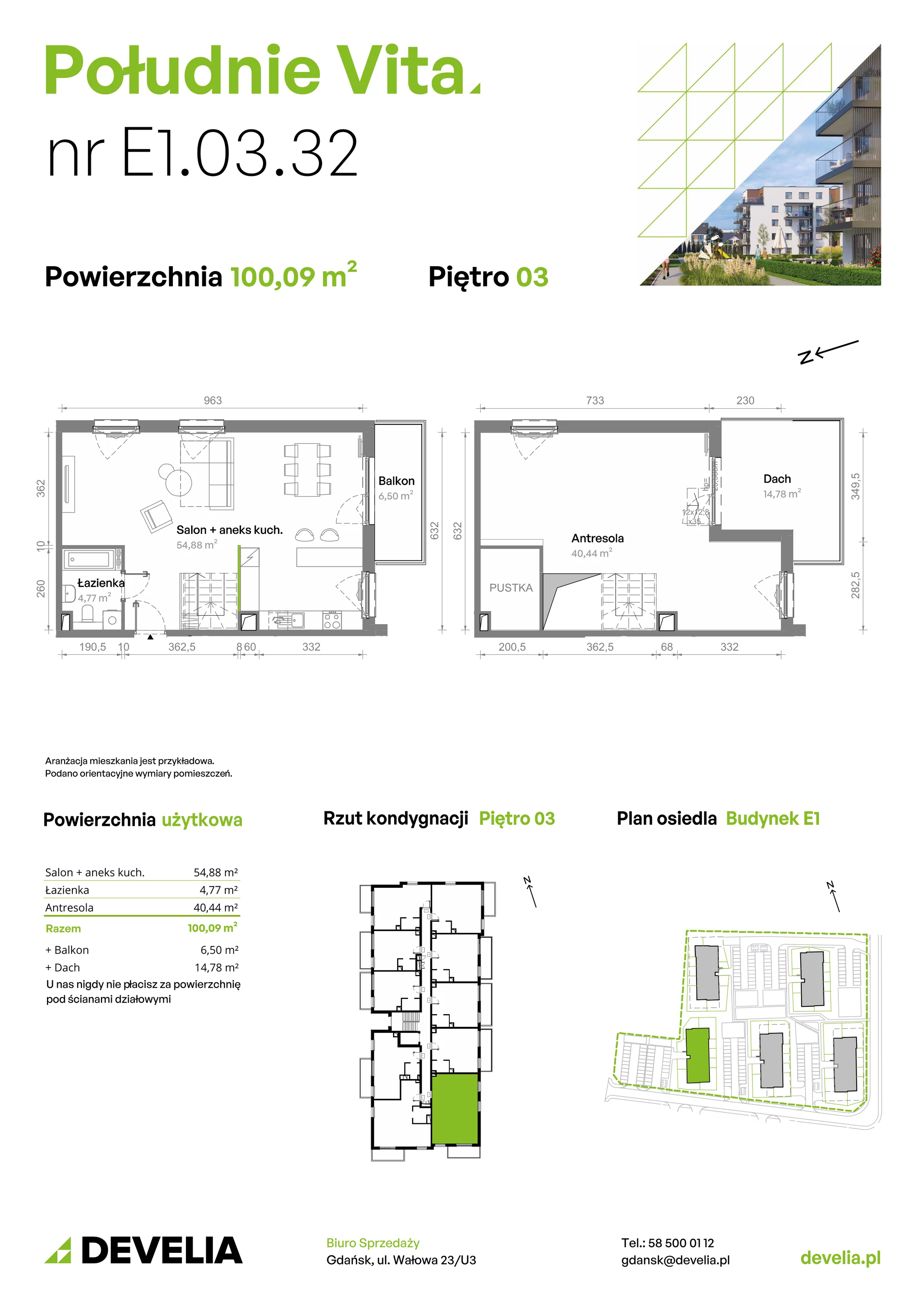 4 pokoje, mieszkanie 100,09 m², piętro 3, oferta nr E1.03.32, Południe Vita etap III, Gdańsk, Orunia Górna-Gdańsk Południe, ul. Kazimierza Wielkiego 